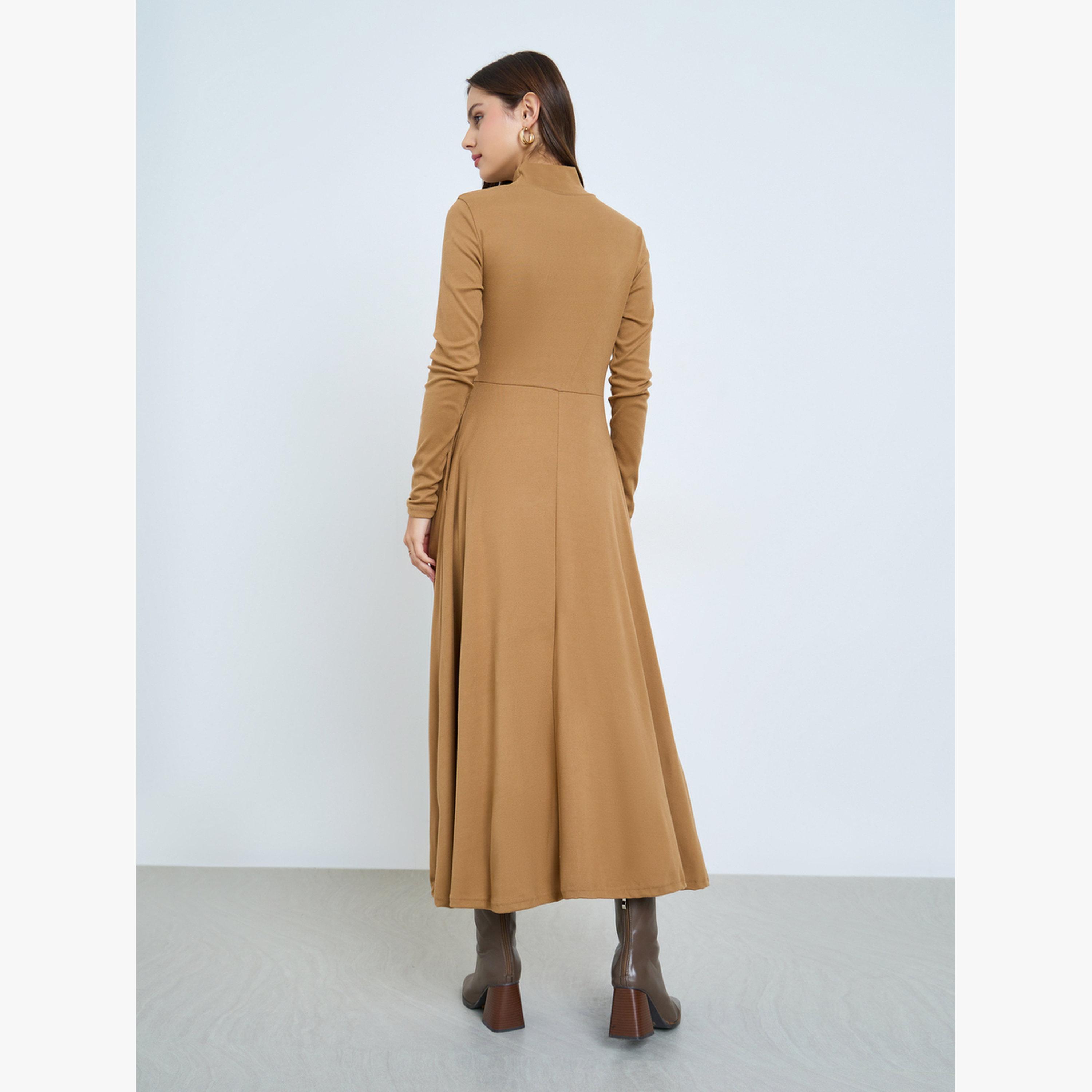 Take Two Beige High Neck Long Sleeve A-Line Midi Dress-women-clothing-dresses-image-3