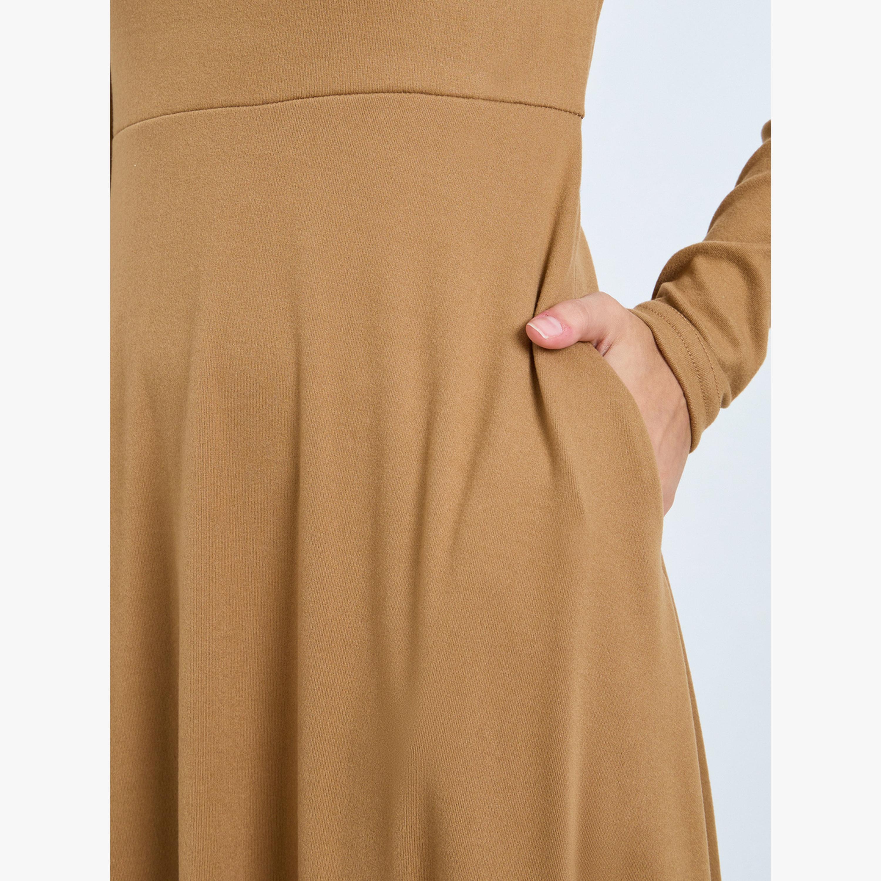 Take Two Beige High Neck Long Sleeve A-Line Midi Dress-women-clothing-dresses-image-5