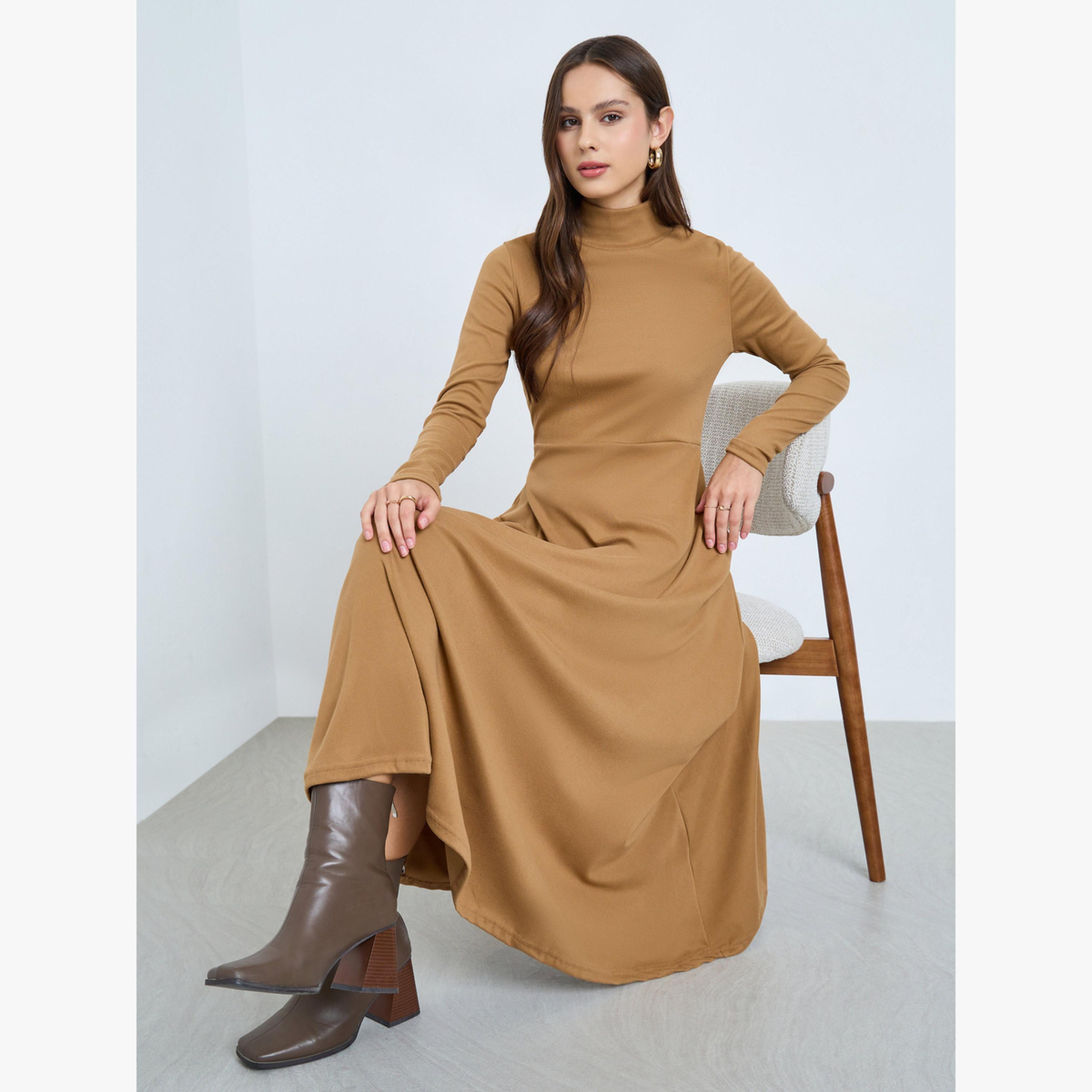 Take Two Beige High Neck Long Sleeve A-Line Midi Dress-women-clothing-dresses-image-6