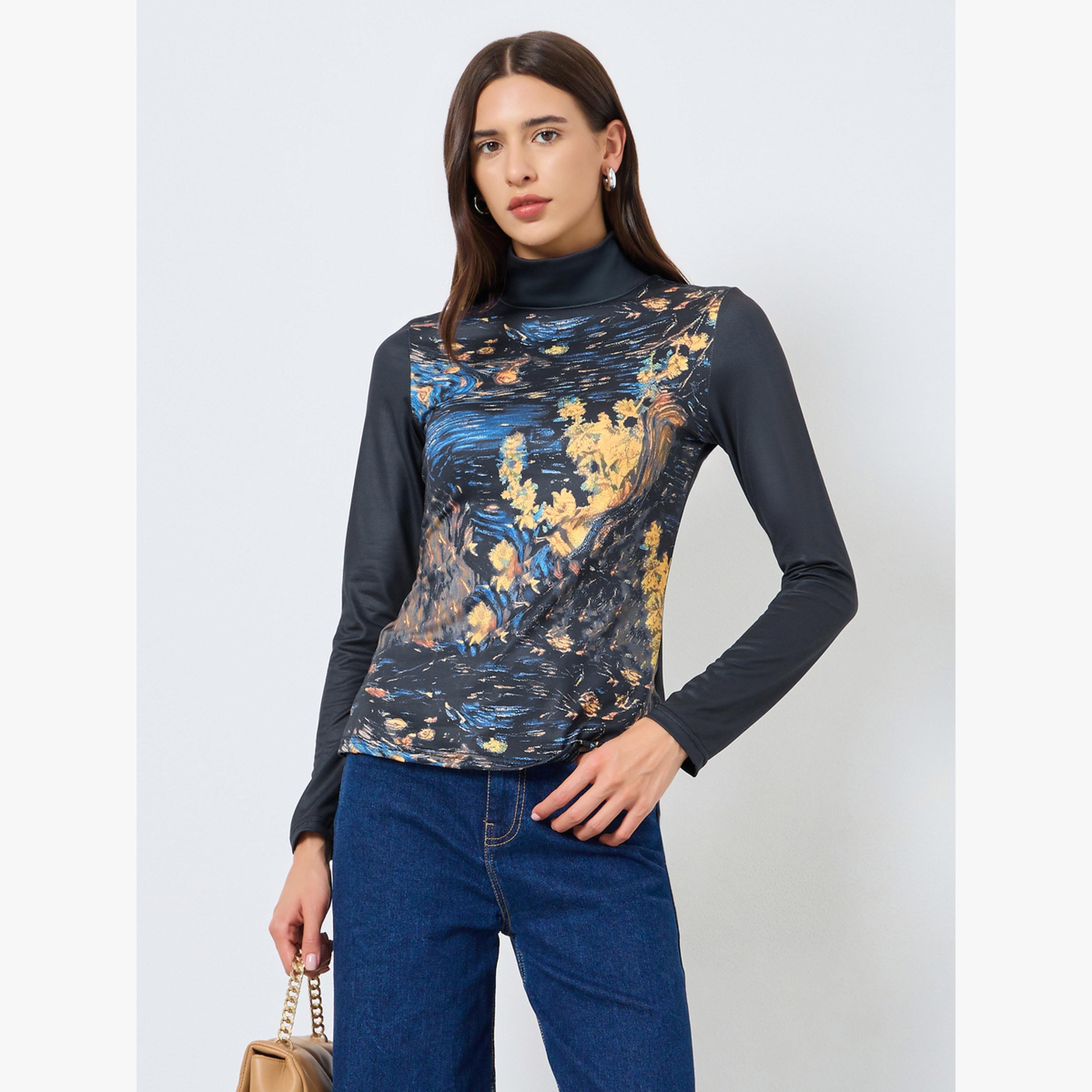 Take Two Graphic Print High Neck Long Sleeve Top-women-clothing-tshirts-image-1