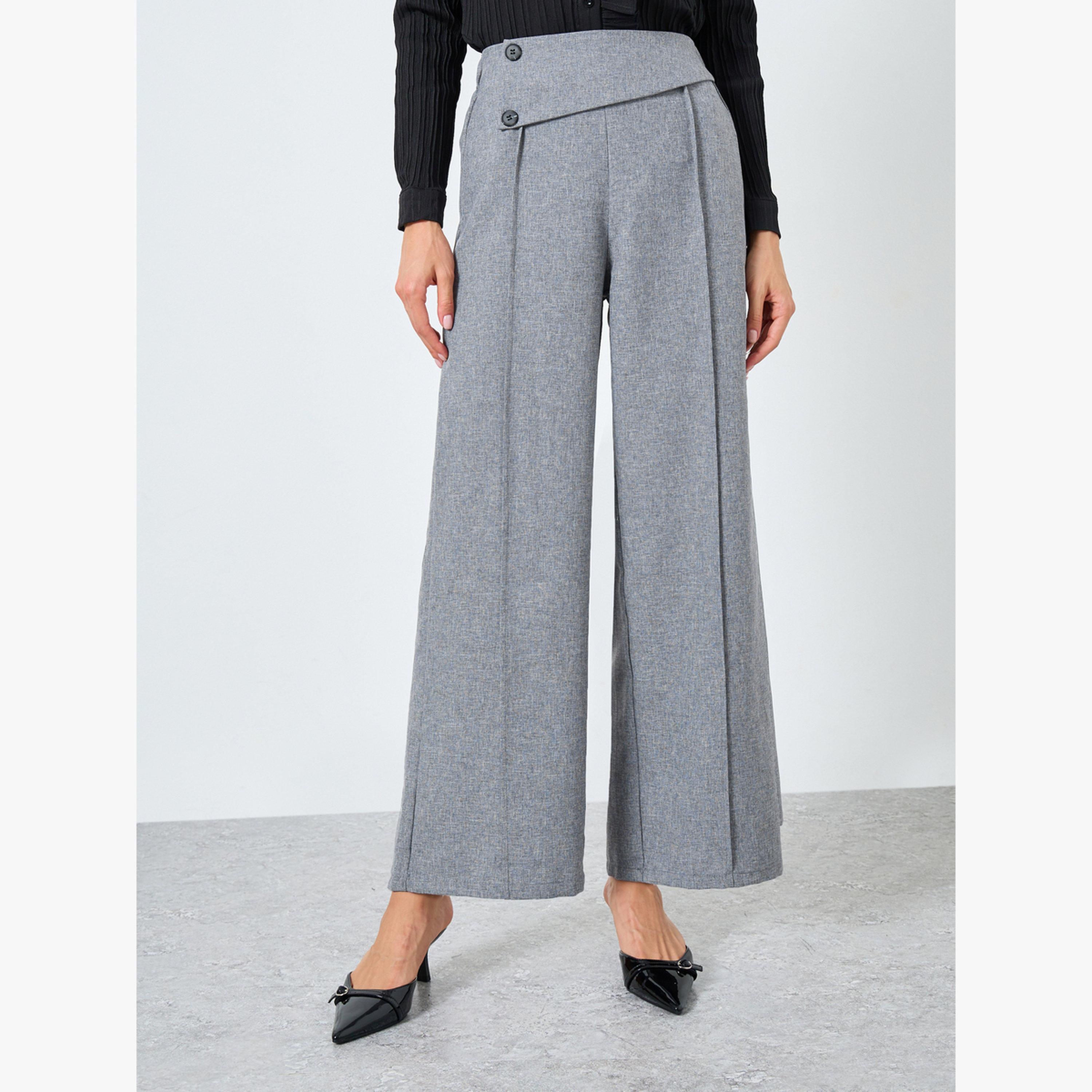 بنطال بأرجل واسعة سادة بخصر مطاطي وأزرار أمامية-women-clothing-bottoms-trousers-image-1