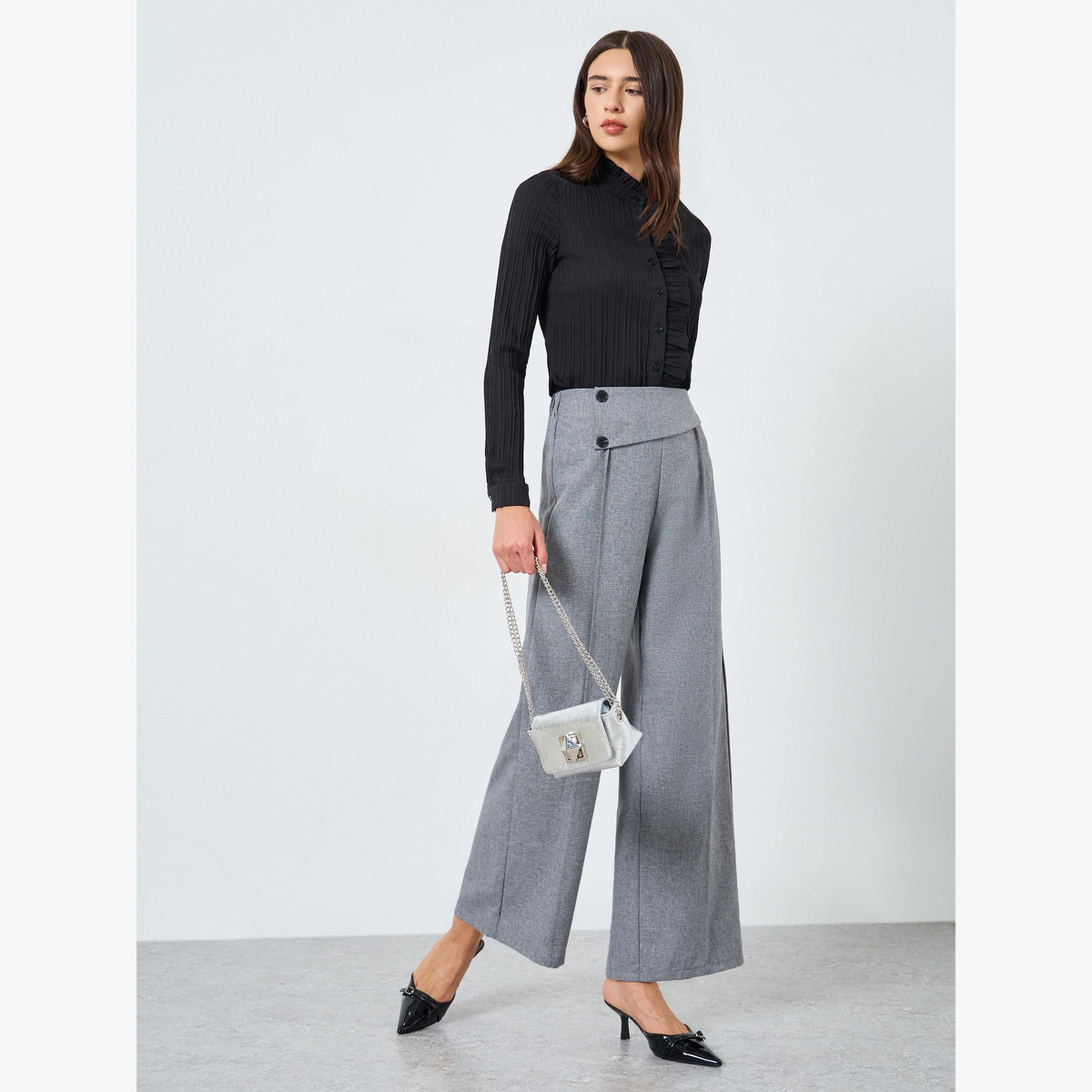 بنطال بأرجل واسعة سادة بخصر مطاطي وأزرار أمامية-women-clothing-bottoms-trousers-image-2