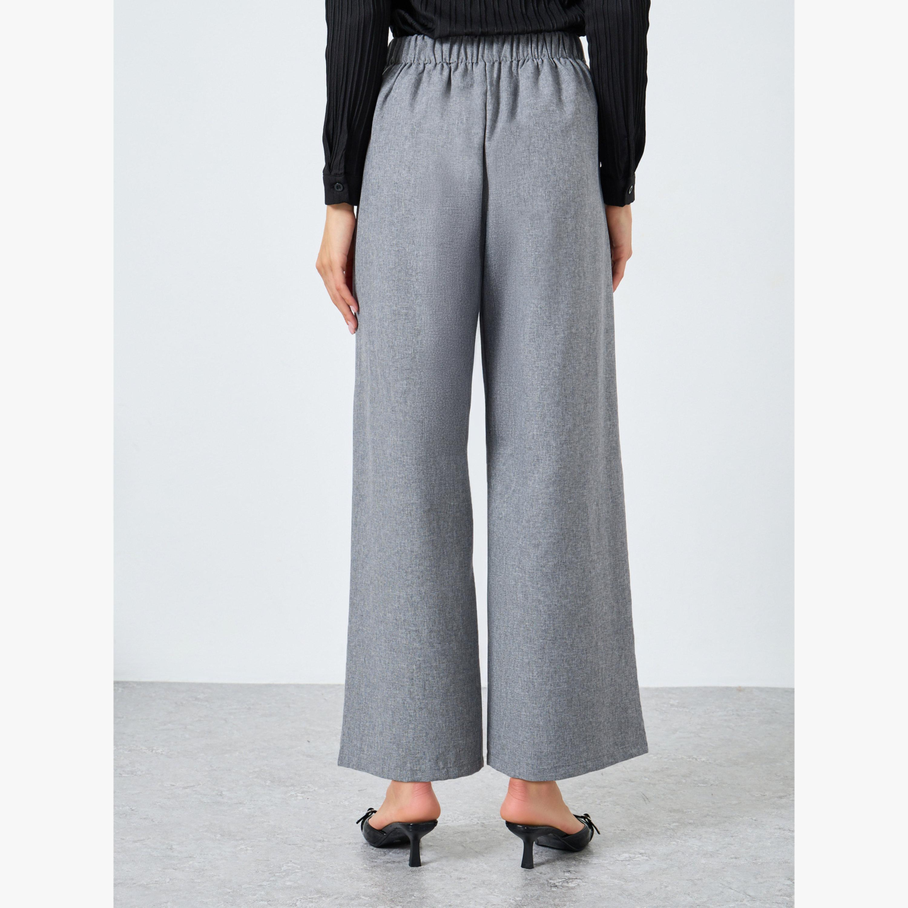 بنطال بأرجل واسعة سادة بخصر مطاطي وأزرار أمامية-women-clothing-bottoms-trousers-image-3