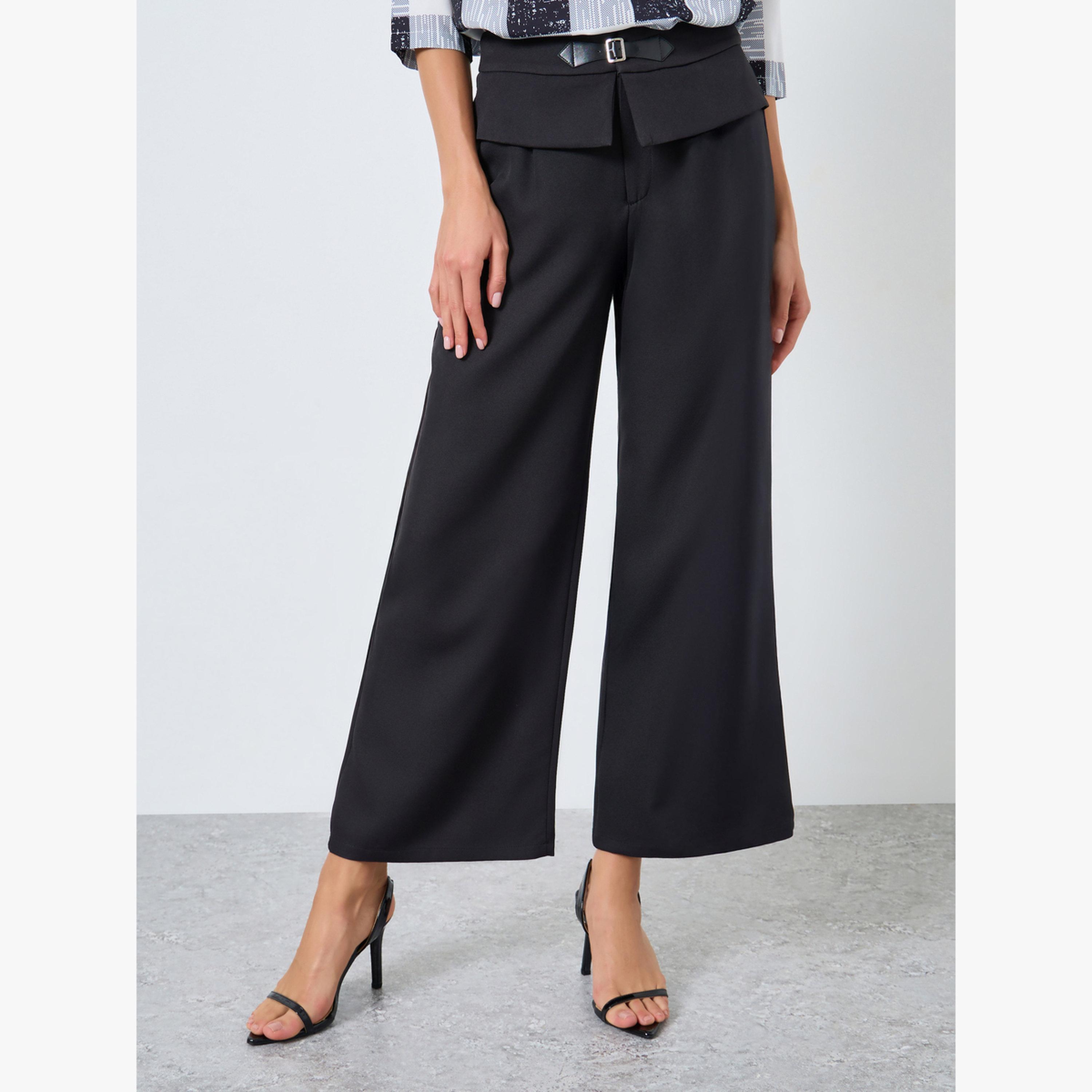 Take Two Women Solid Metal Buckle Waist Wide Leg Pants-women-clothing-bottoms-trousers-image-1