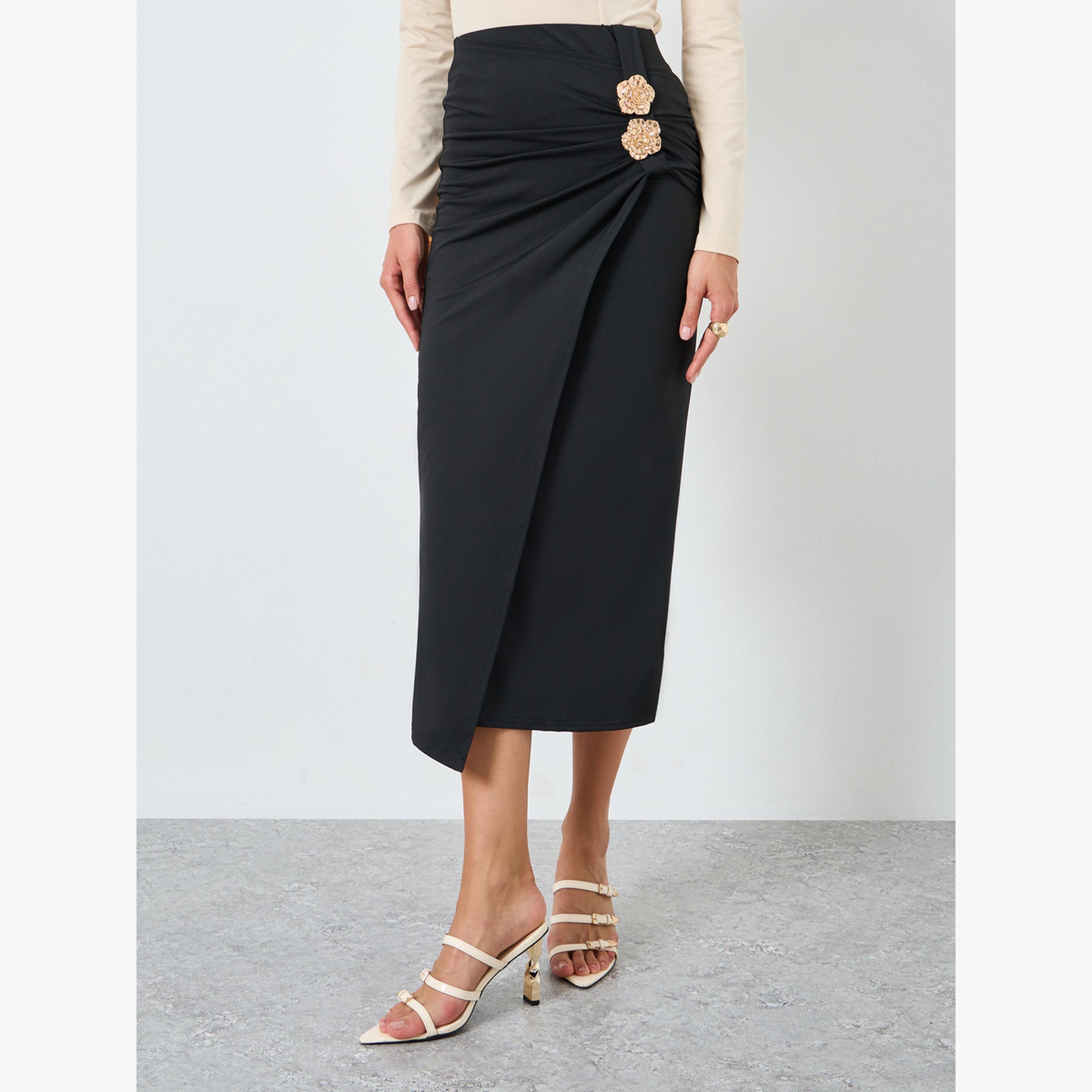 Take Two Solid Ruching Detail Metallic Button Skirt-women-clothing-bottoms-skirts-image-1