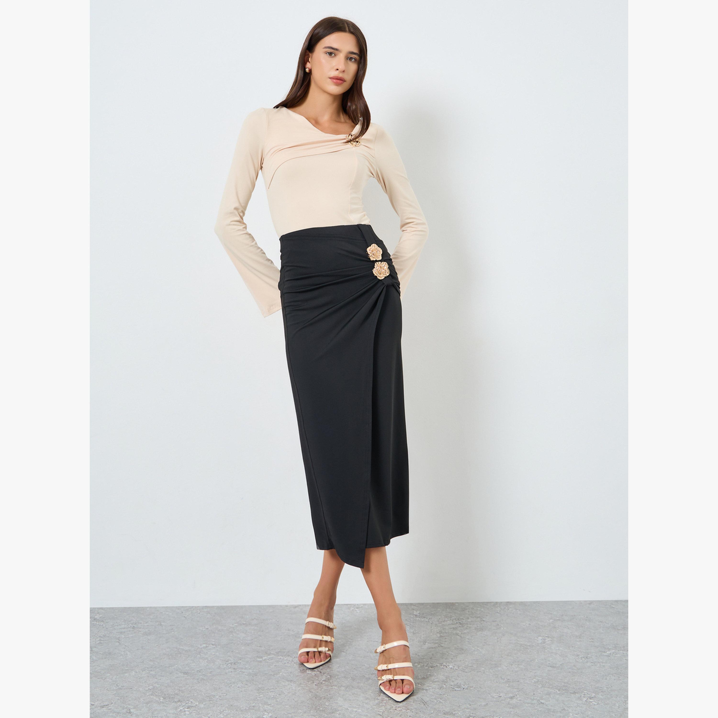 Take Two Solid Ruching Detail Metallic Button Skirt-women-clothing-bottoms-skirts-image-2