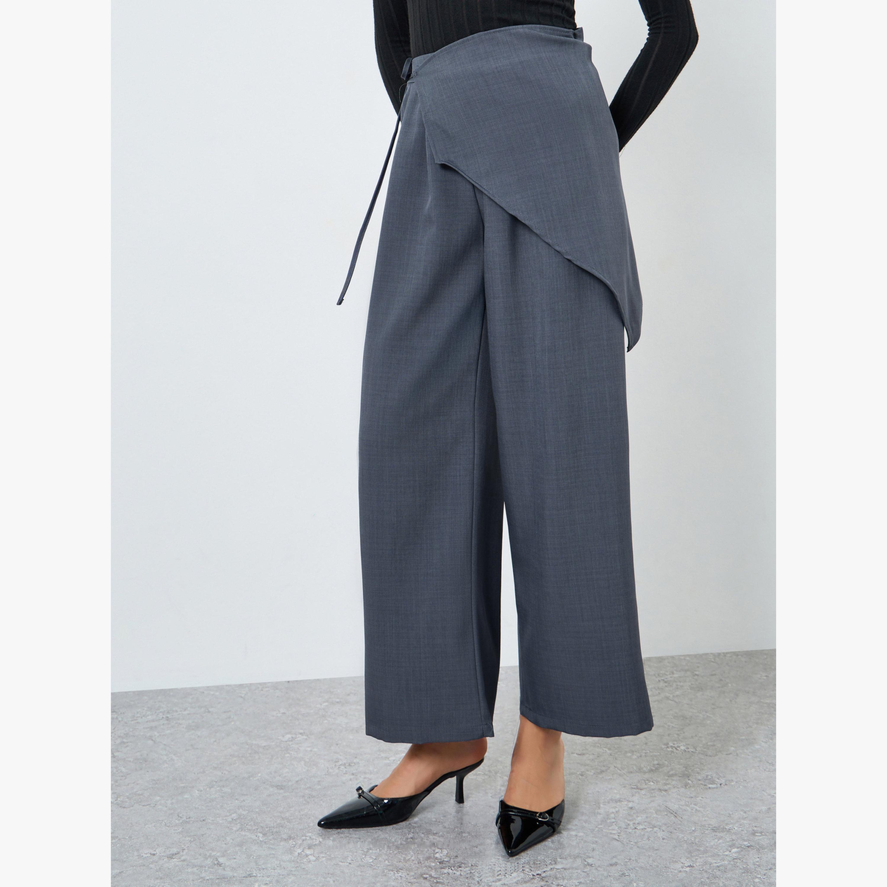 Take Two Grey Solid Tie-Up Wide Leg Pants-women-clothing-bottoms-trousers-image-1