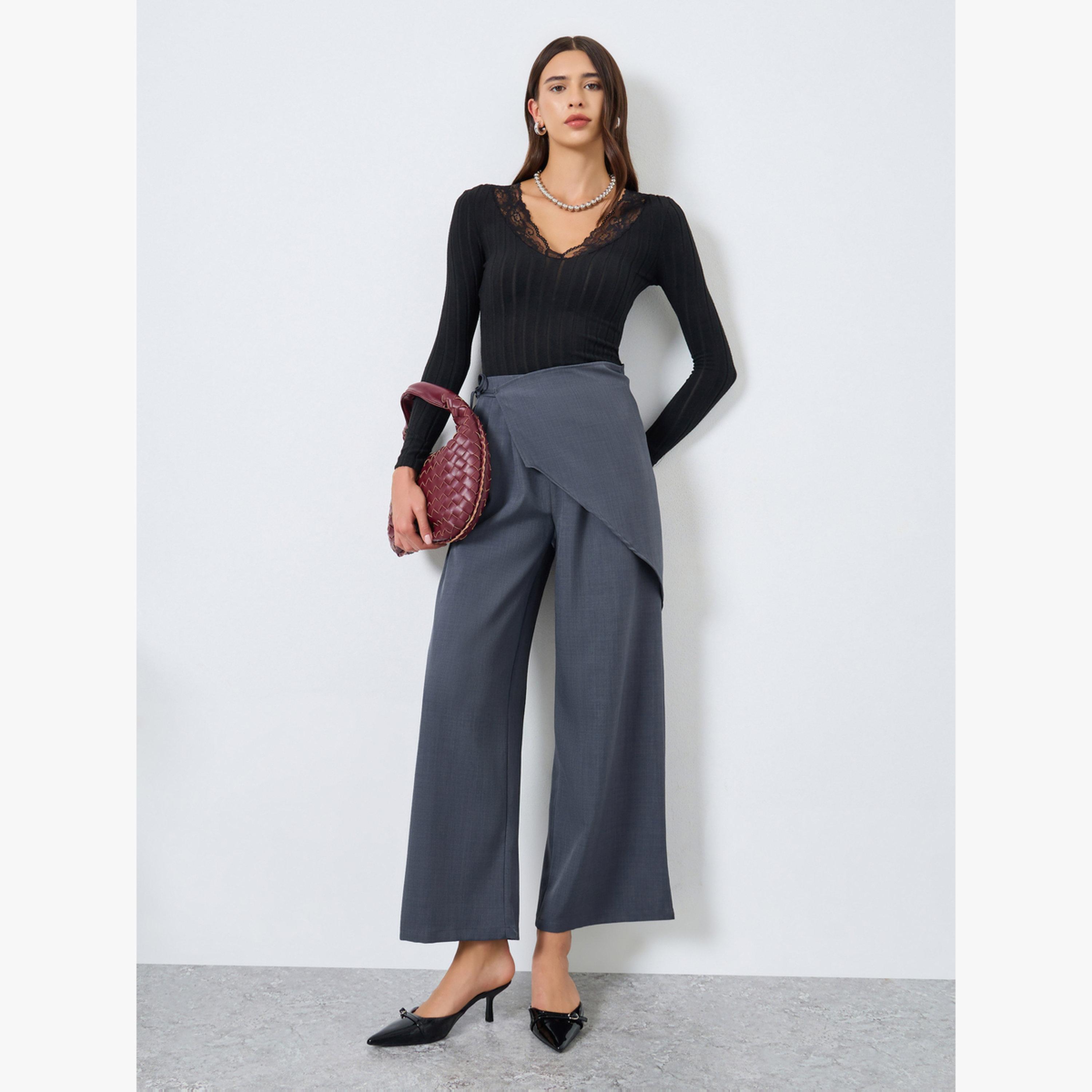 Take Two Grey Solid Tie-Up Wide Leg Pants-women-clothing-bottoms-trousers-image-2