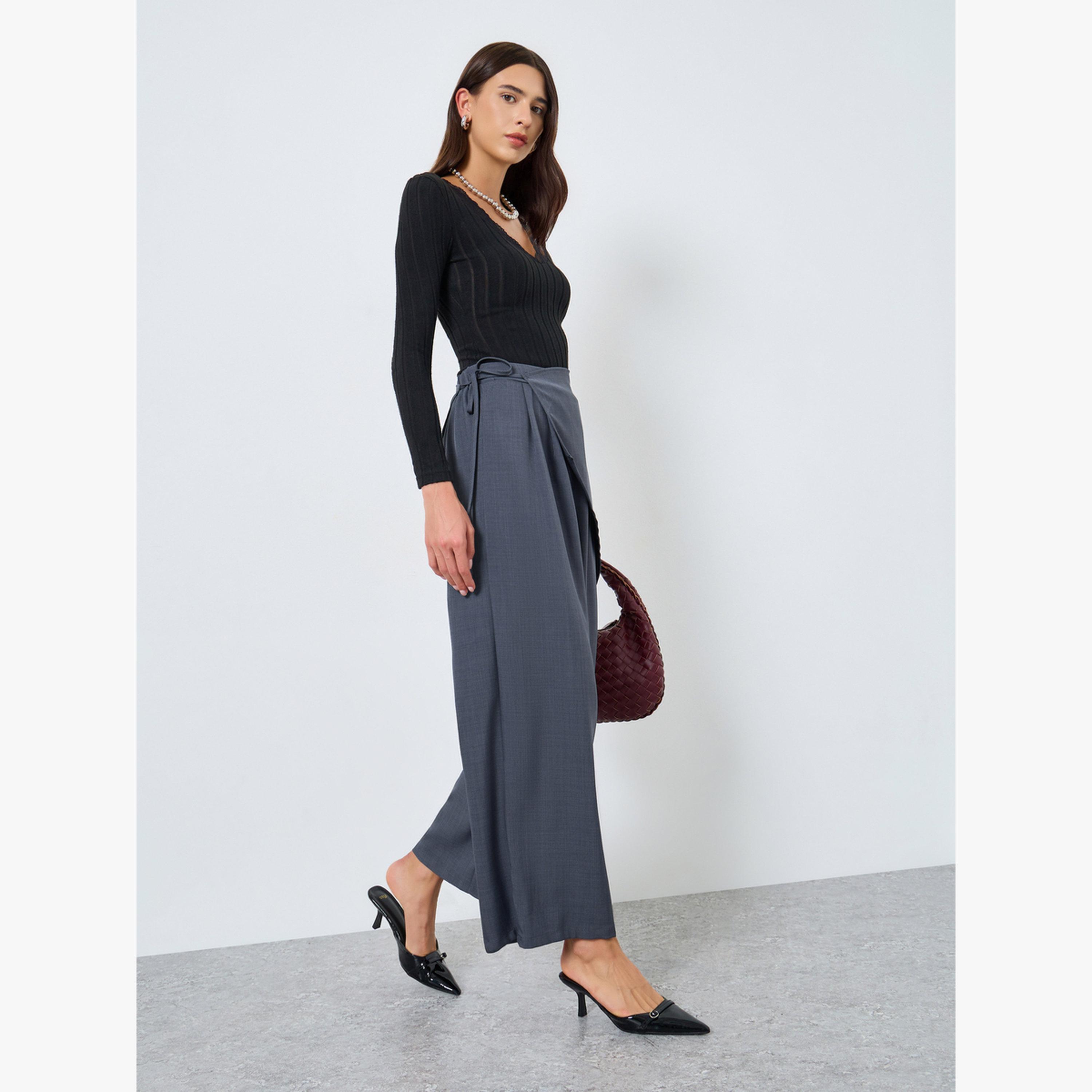 Take Two Grey Solid Tie-Up Wide Leg Pants-women-clothing-bottoms-trousers-image-3