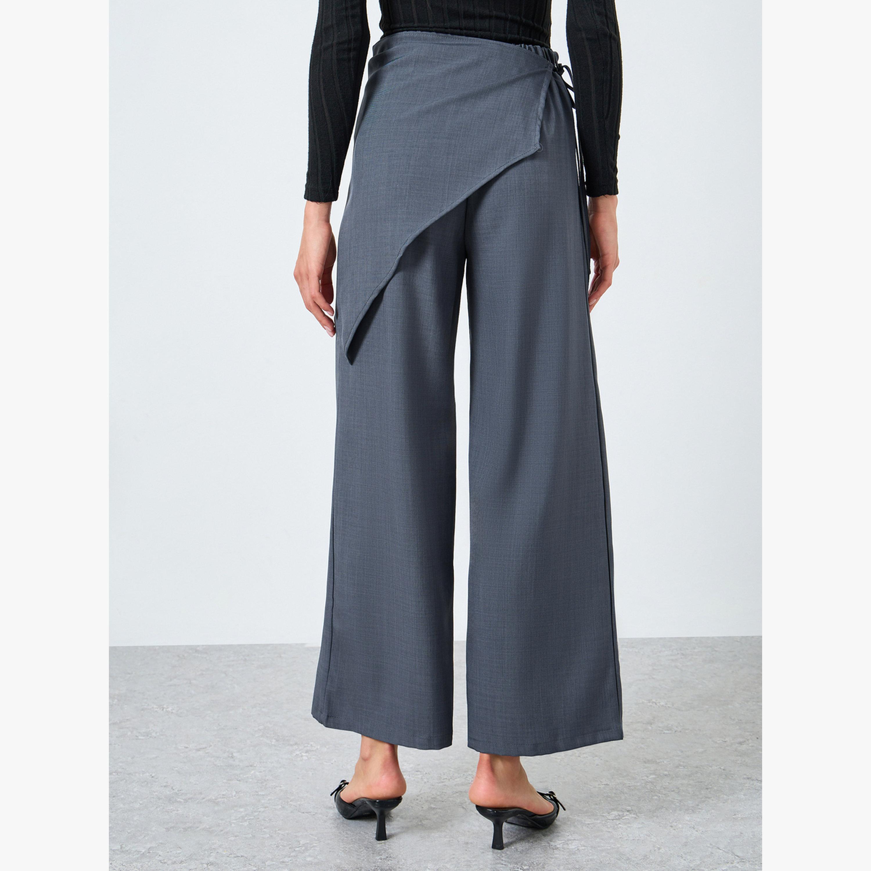 Take Two Grey Solid Tie-Up Wide Leg Pants-women-clothing-bottoms-trousers-image-4