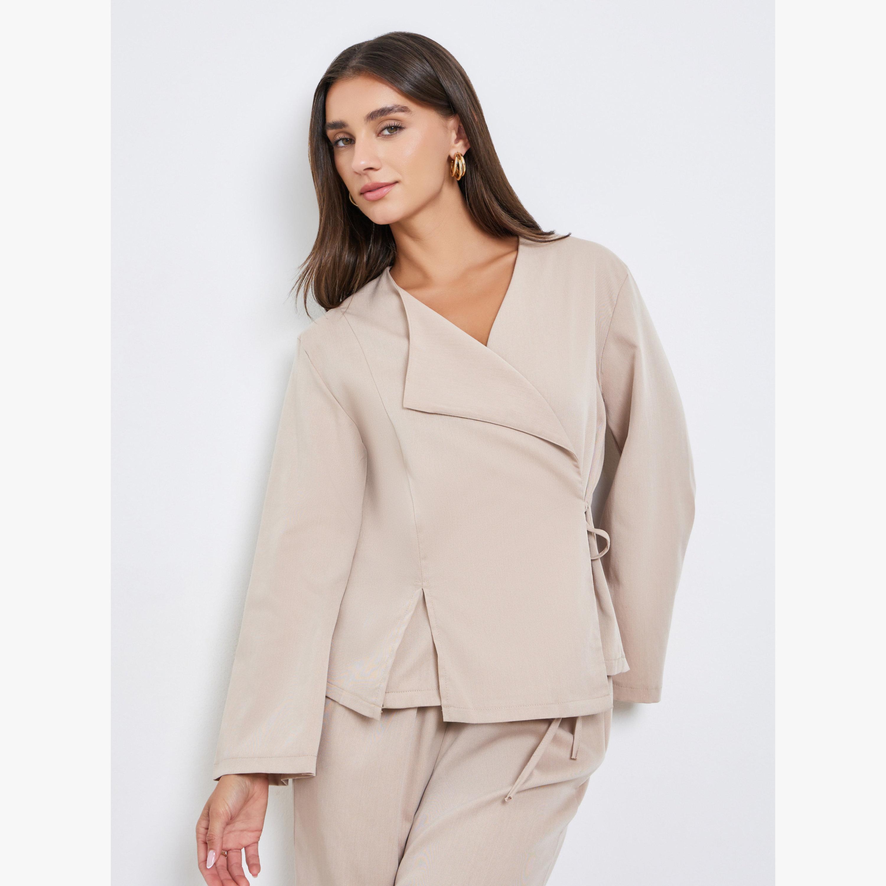 Styli Women Beige Solid Wrap Top and Pants Co-Ords-women-clothing-coordsets-image-2