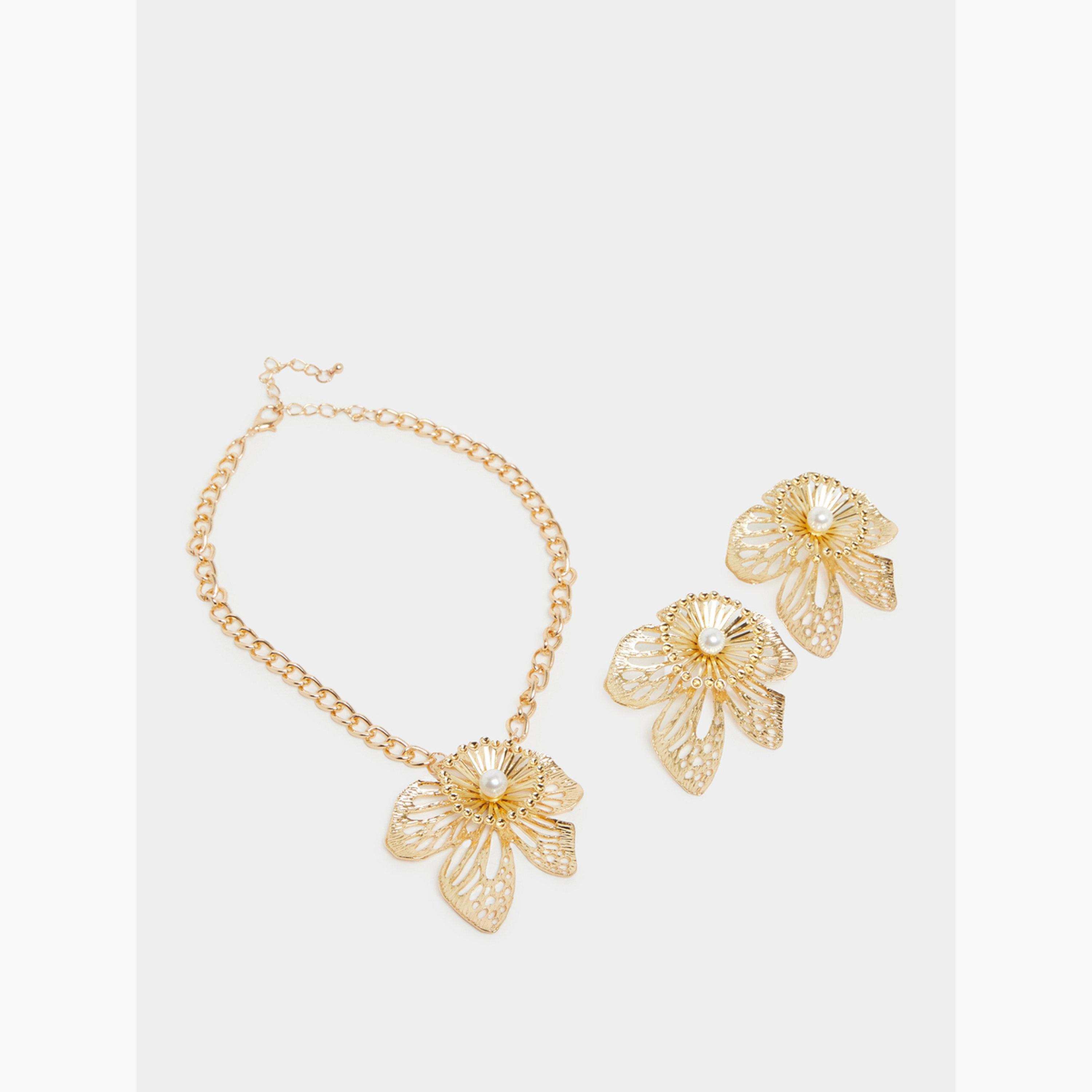 مجموعة من 2 عقد وأقراط بتصميم وردة ذهبية-women-watchesandjewellery-jewellery-jewellerysets-image-1