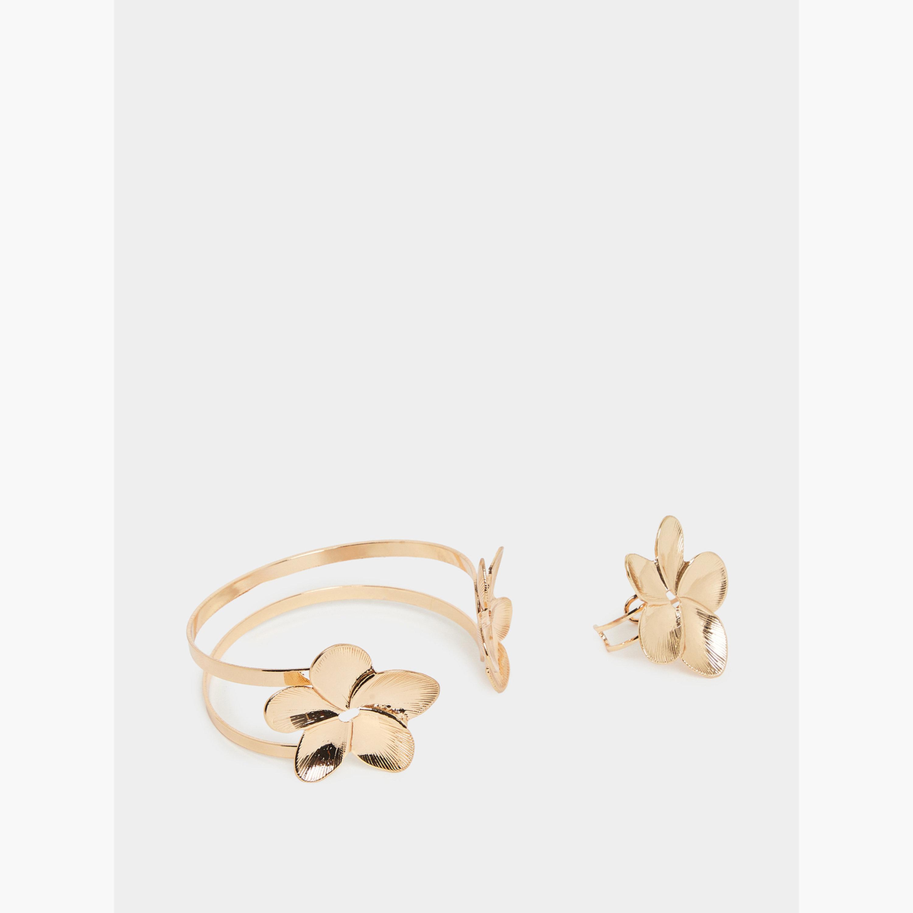 طقم مجوهرات من سوار وخاتم مزين بشكل زهرة-women-watchesandjewellery-jewellery-jewellerysets-image-1