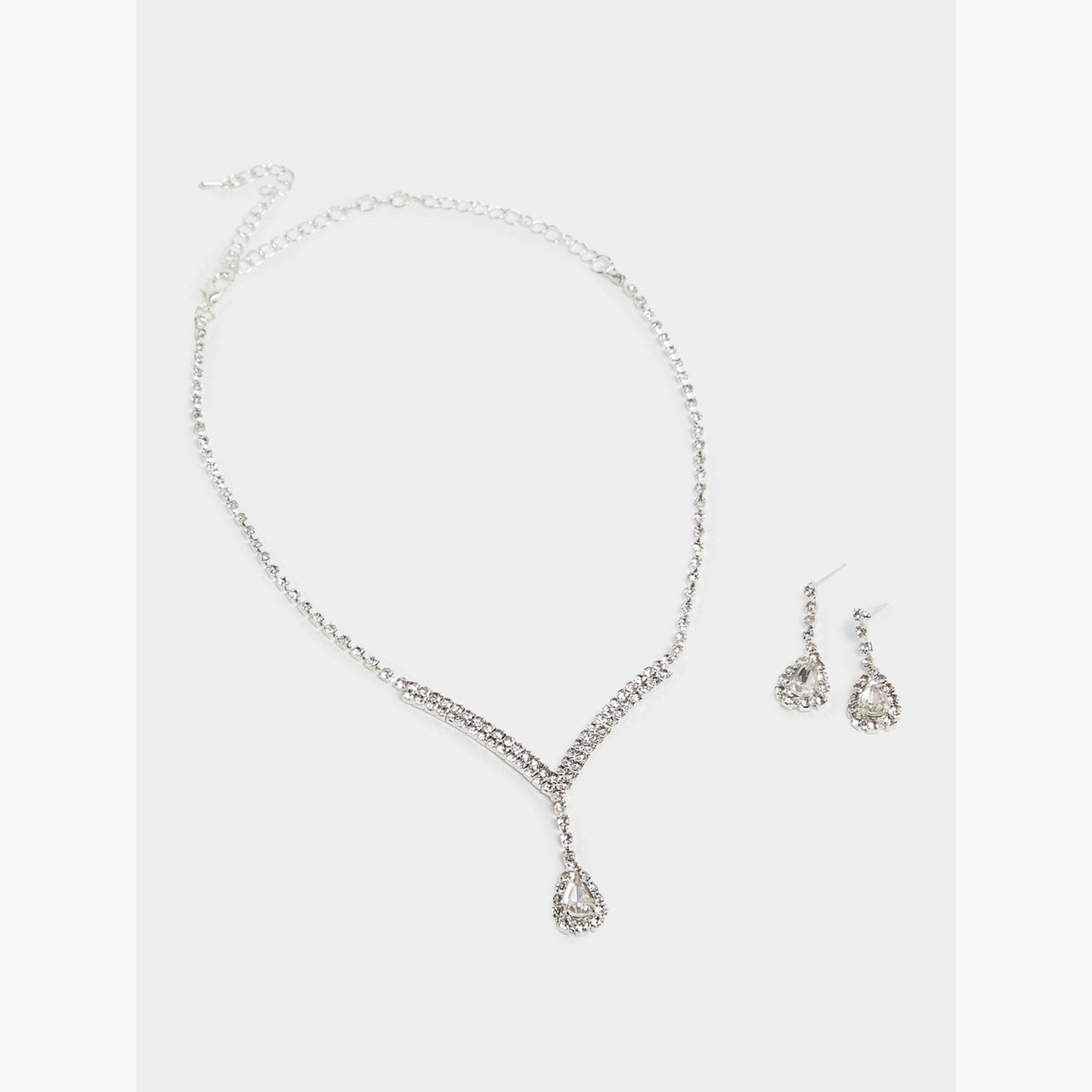 Styli Set of 2 - Silver Crystal Embellished Necklace and Earrings-women-watchesandjewellery-jewellery-jewellerysets-image-1