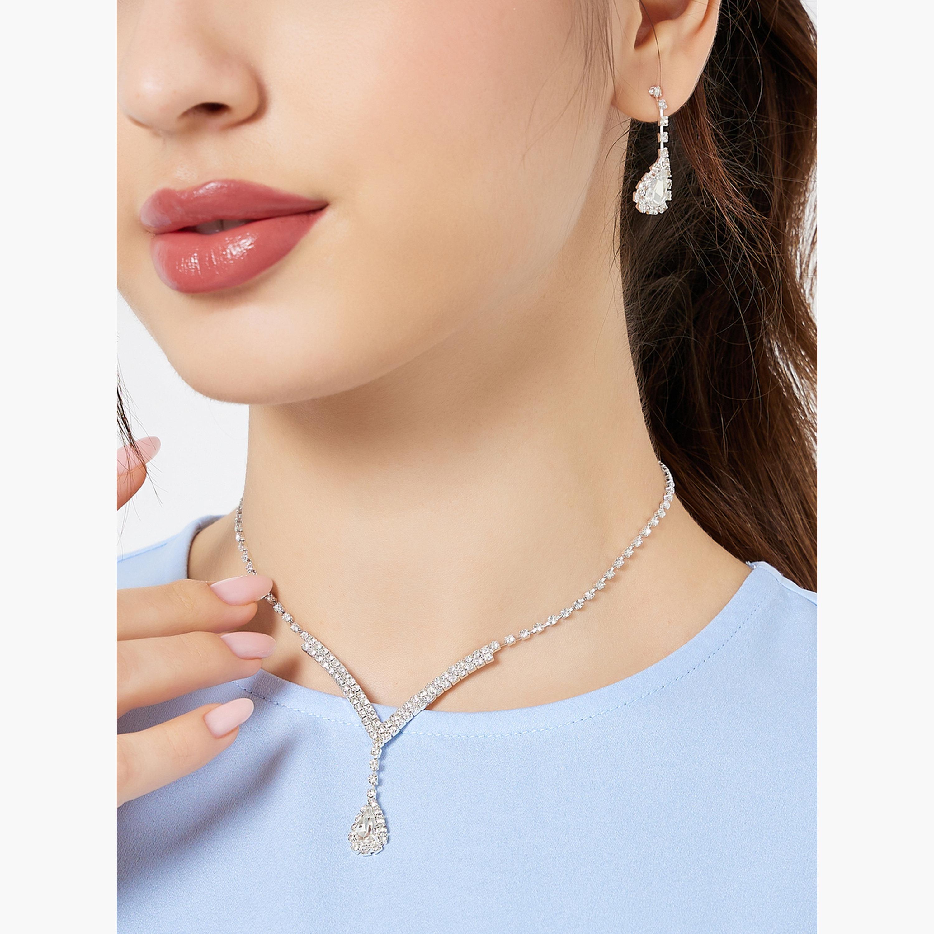 Styli Set of 2 - Silver Crystal Embellished Necklace and Earrings-women-watchesandjewellery-jewellery-jewellerysets-image-2