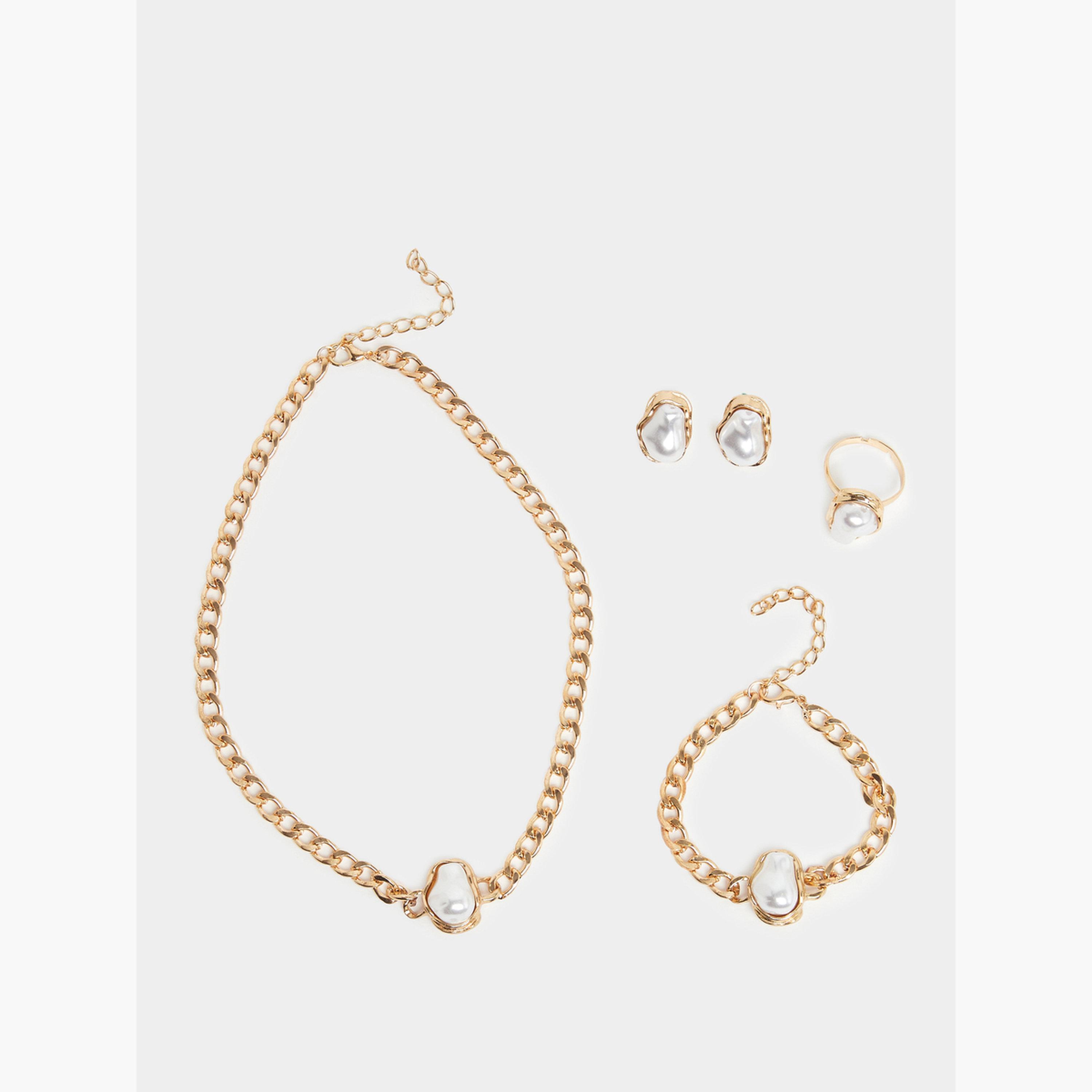 مجموعة من 4 عقد وسوار وخاتم وأقراط بسلسلة ذهبية-women-watchesandjewellery-jewellery-jewellerysets-image-3