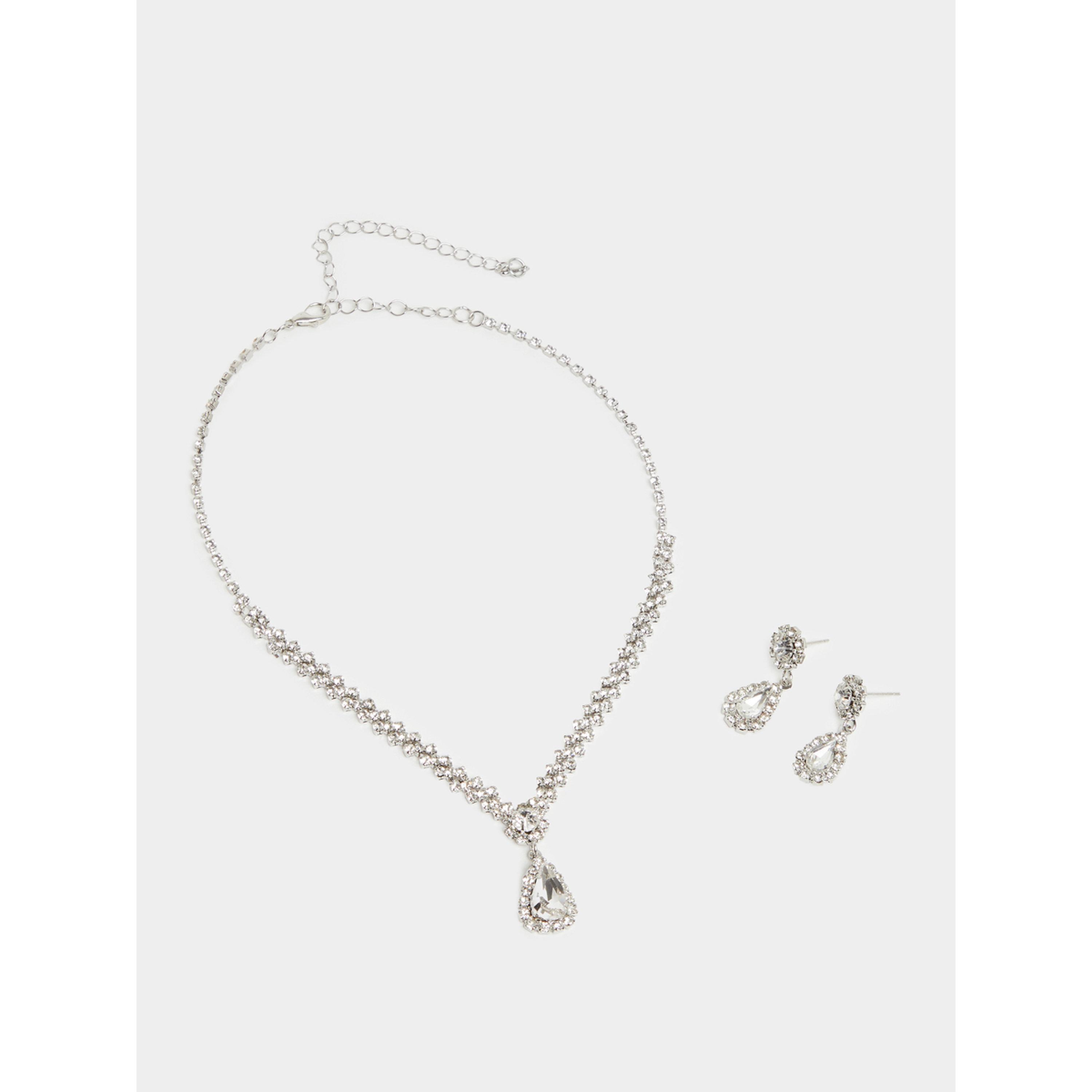 مجموعة من 2 عقد وأقراط مزينة بكريستال فضي-women-watchesandjewellery-jewellery-jewellerysets-image-1