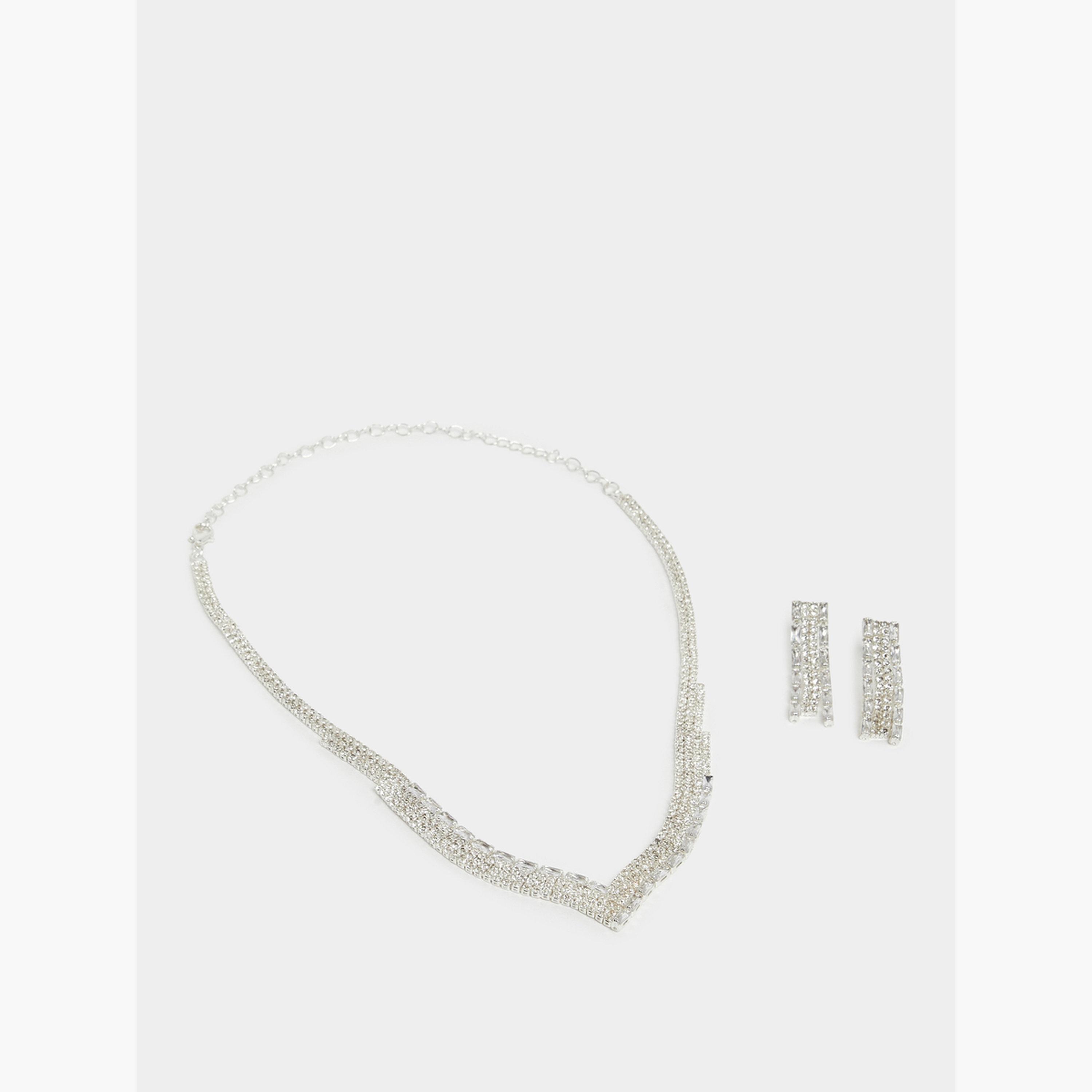 Styli Set of 2 - Silver Crystal Embellished Necklace and Earrings-women-watchesandjewellery-jewellery-jewellerysets-image-1