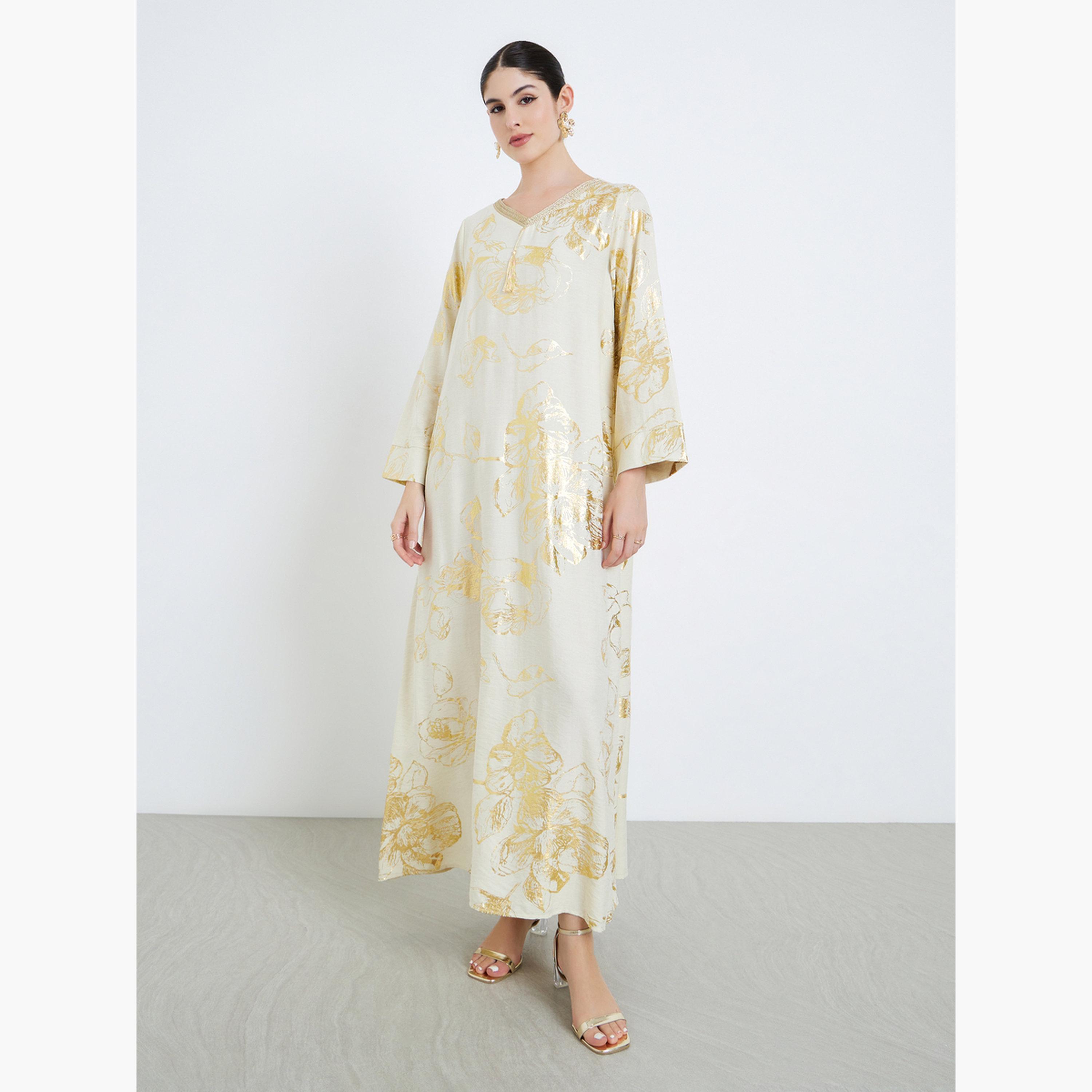 Amirah X Styli Women Beige Floral Print Tassel Detail Jalabiya-women-arabicclothing-jalabiyas-image-1