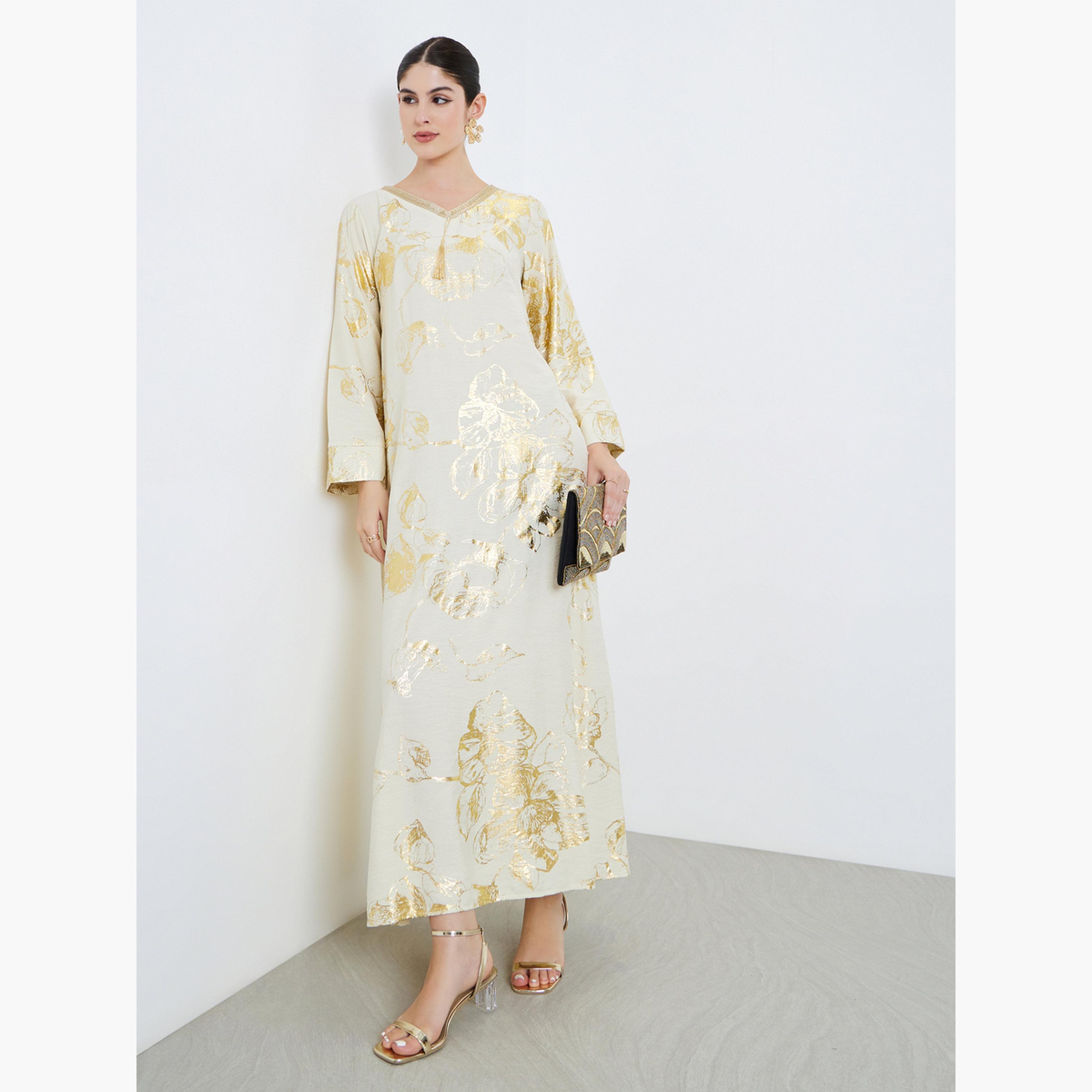 Amirah X Styli Women Beige Floral Print Tassel Detail Jalabiya-women-arabicclothing-jalabiyas-image-2