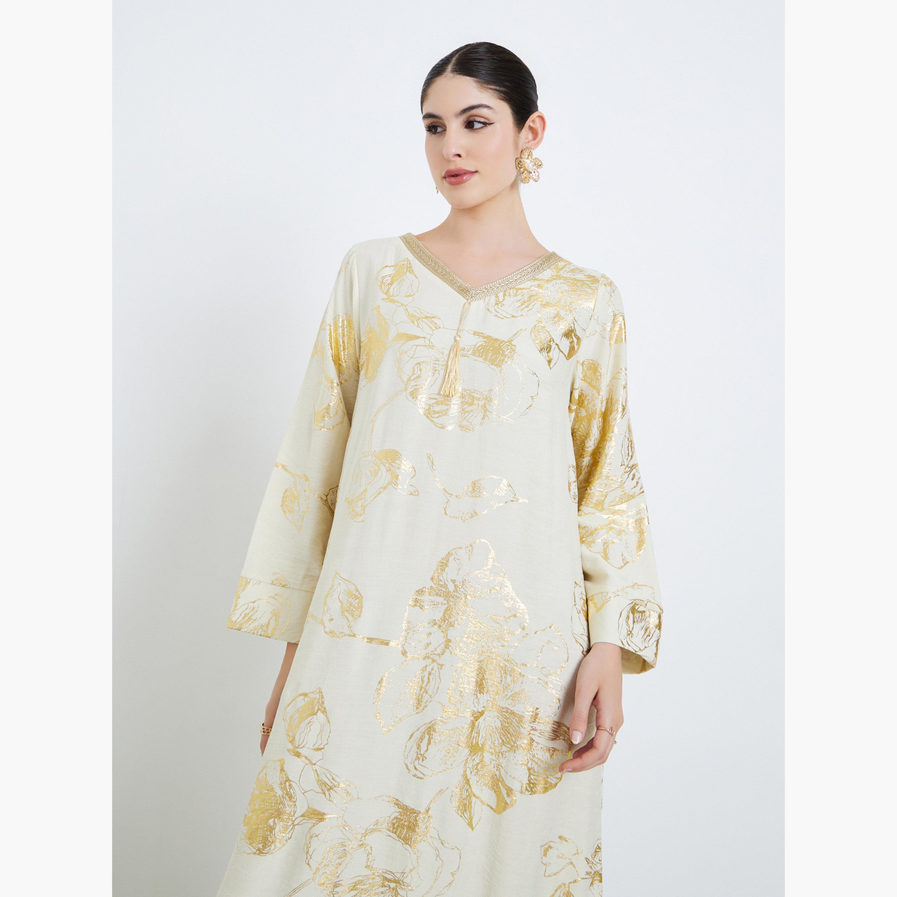 Amirah X Styli Women Beige Floral Print Tassel Detail Jalabiya-women-arabicclothing-jalabiyas-image-3