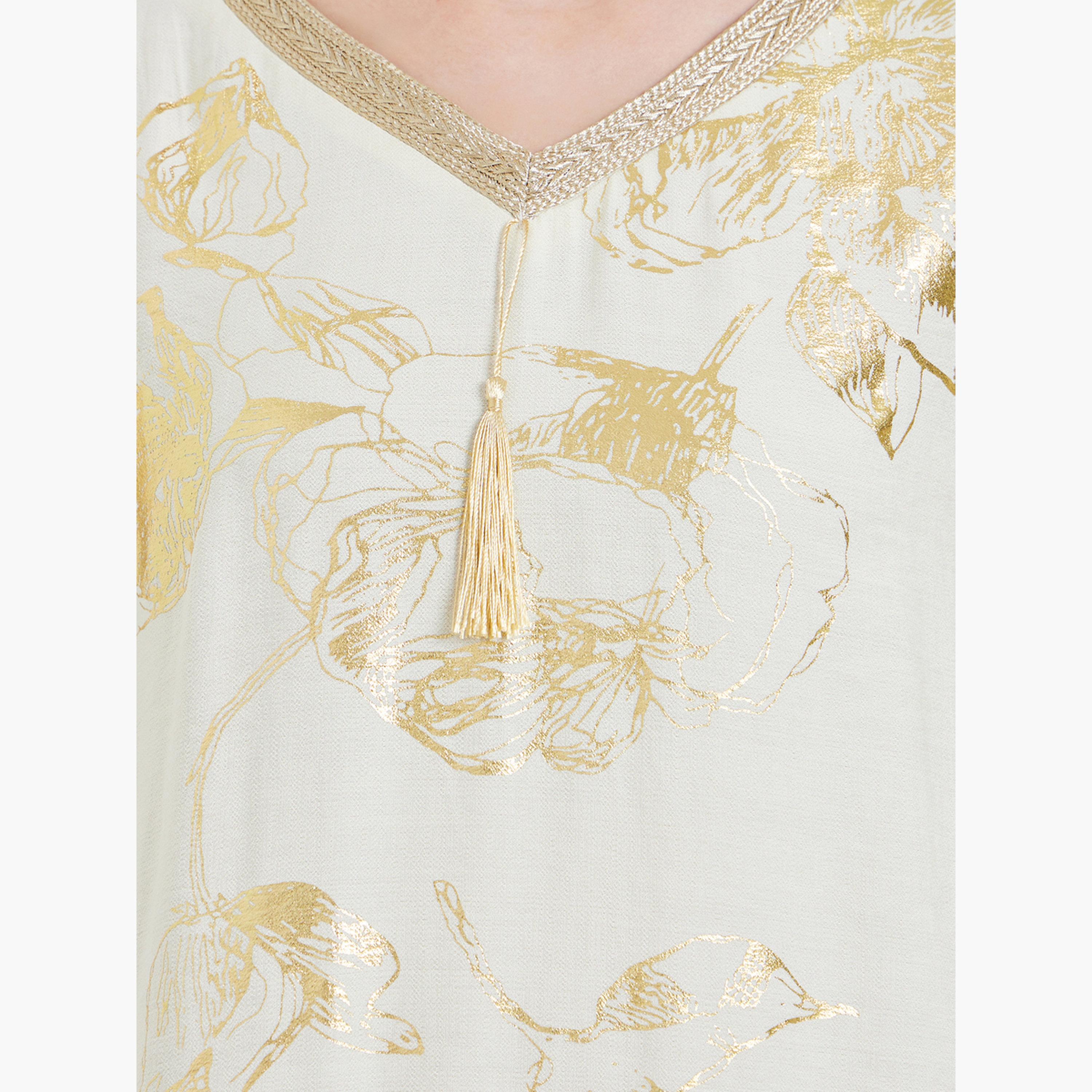 Amirah X Styli Women Beige Floral Print Tassel Detail Jalabiya-women-arabicclothing-jalabiyas-image-4