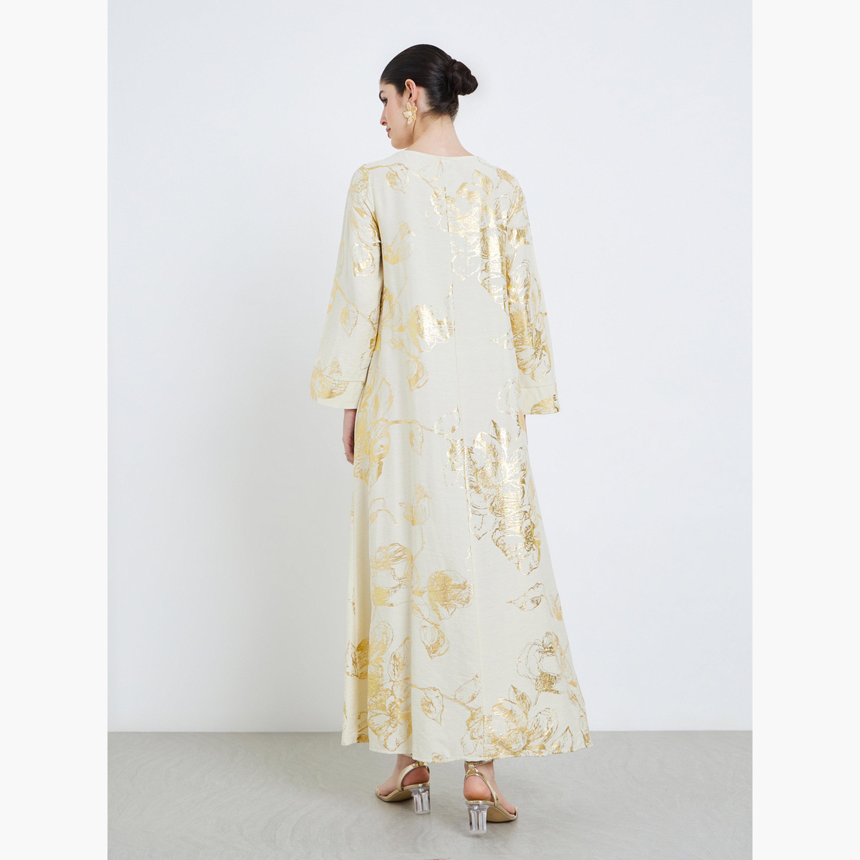 Amirah X Styli Women Beige Floral Print Tassel Detail Jalabiya-women-arabicclothing-jalabiyas-image-5