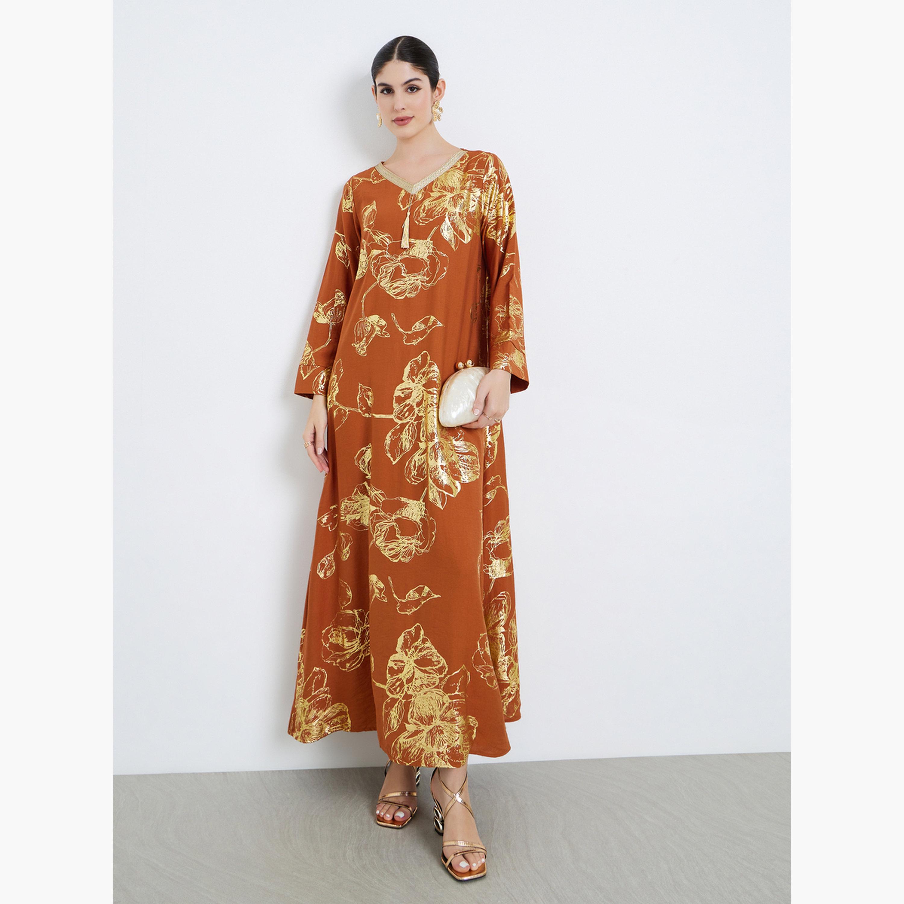 جلابية بتفاصيل شرابات وطبعة زهور-women-arabicclothing-jalabiyas-image-1