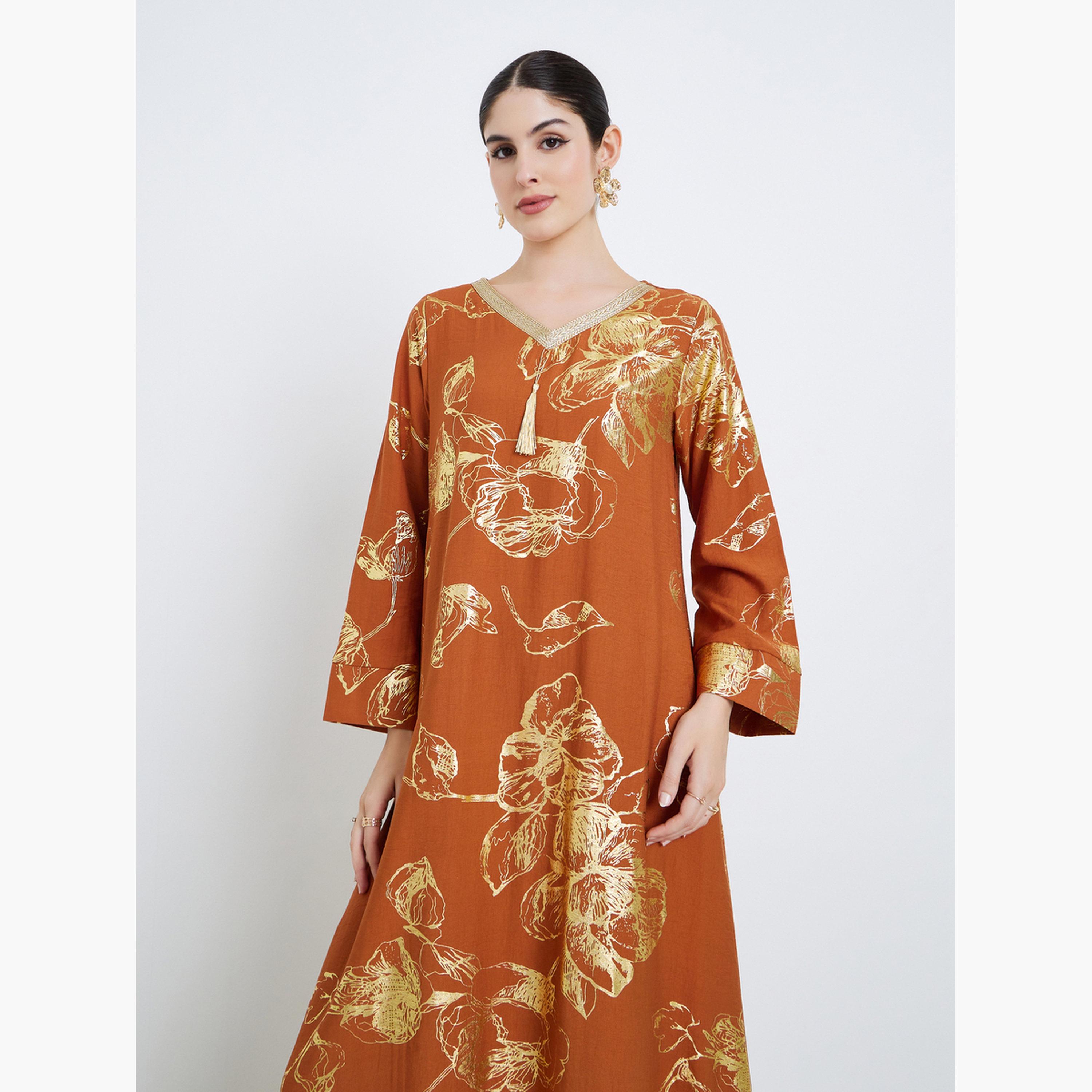 جلابية بتفاصيل شرابات وطبعة زهور-women-arabicclothing-jalabiyas-image-2