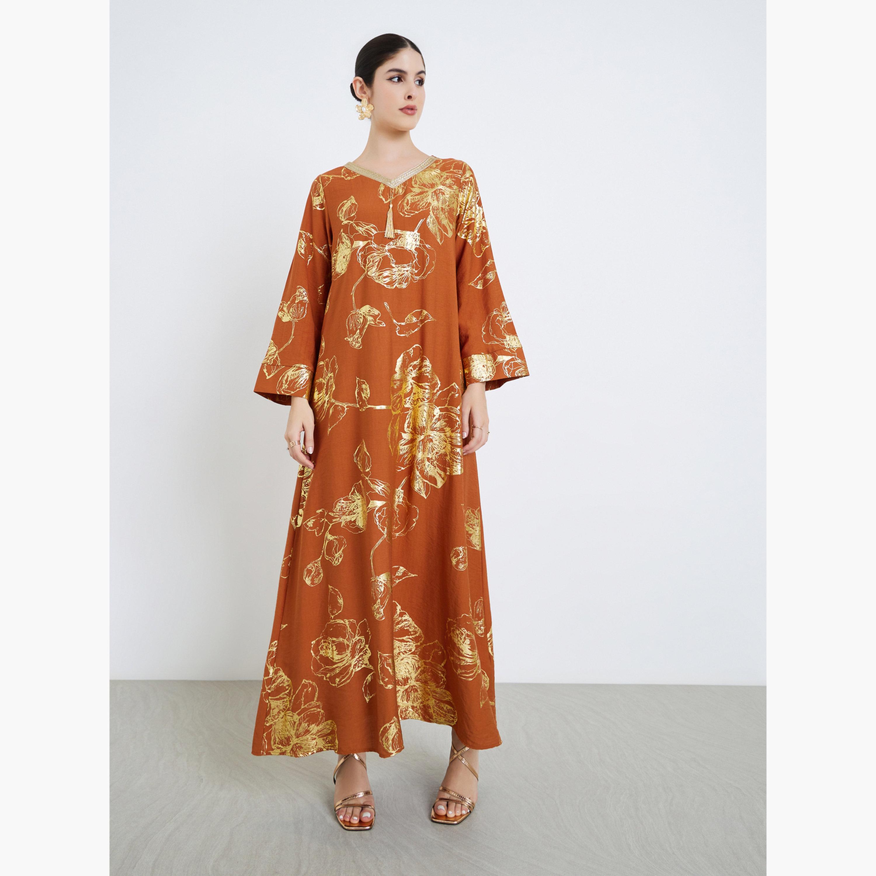 جلابية بتفاصيل شرابات وطبعة زهور-women-arabicclothing-jalabiyas-image-3