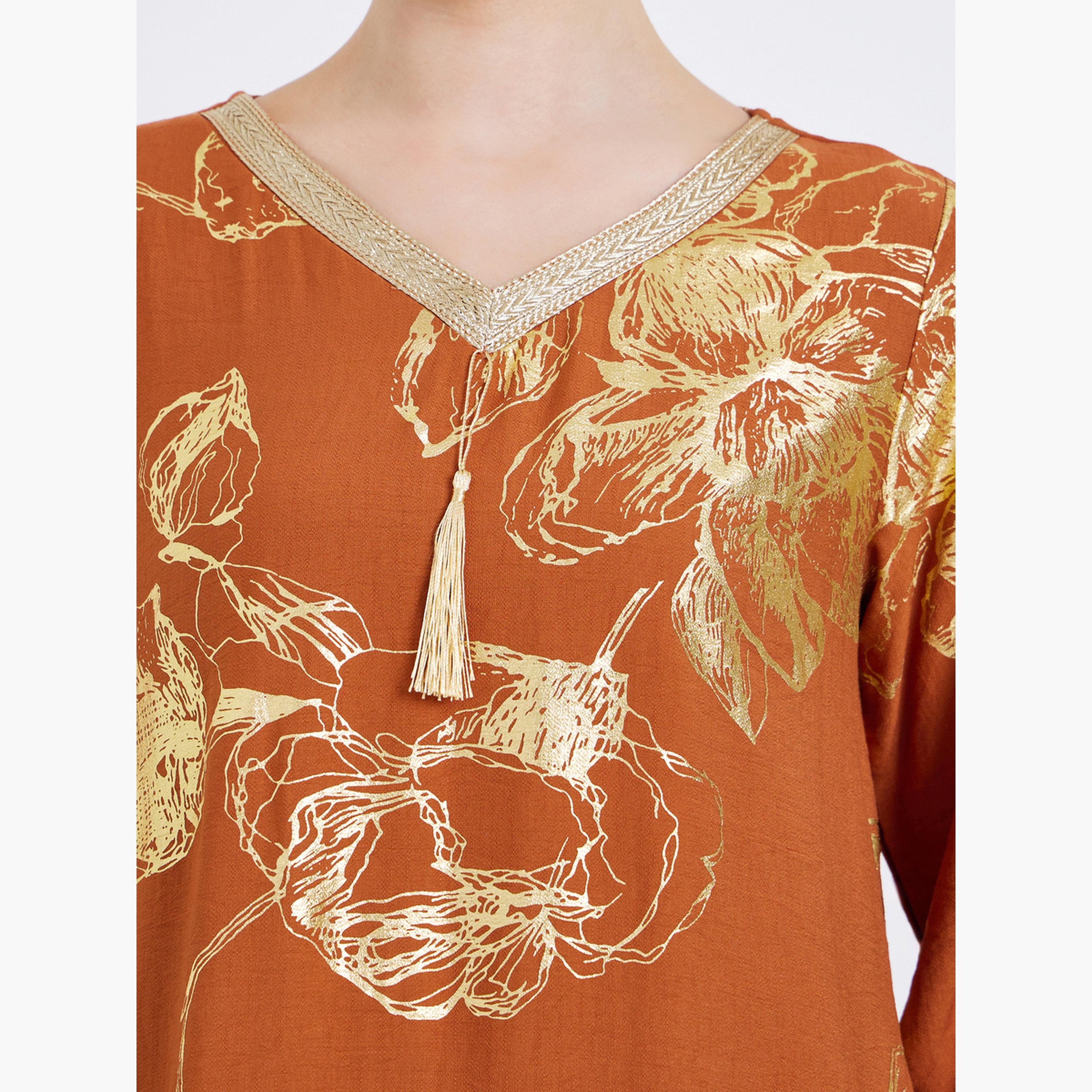 جلابية بتفاصيل شرابات وطبعة زهور-women-arabicclothing-jalabiyas-image-4