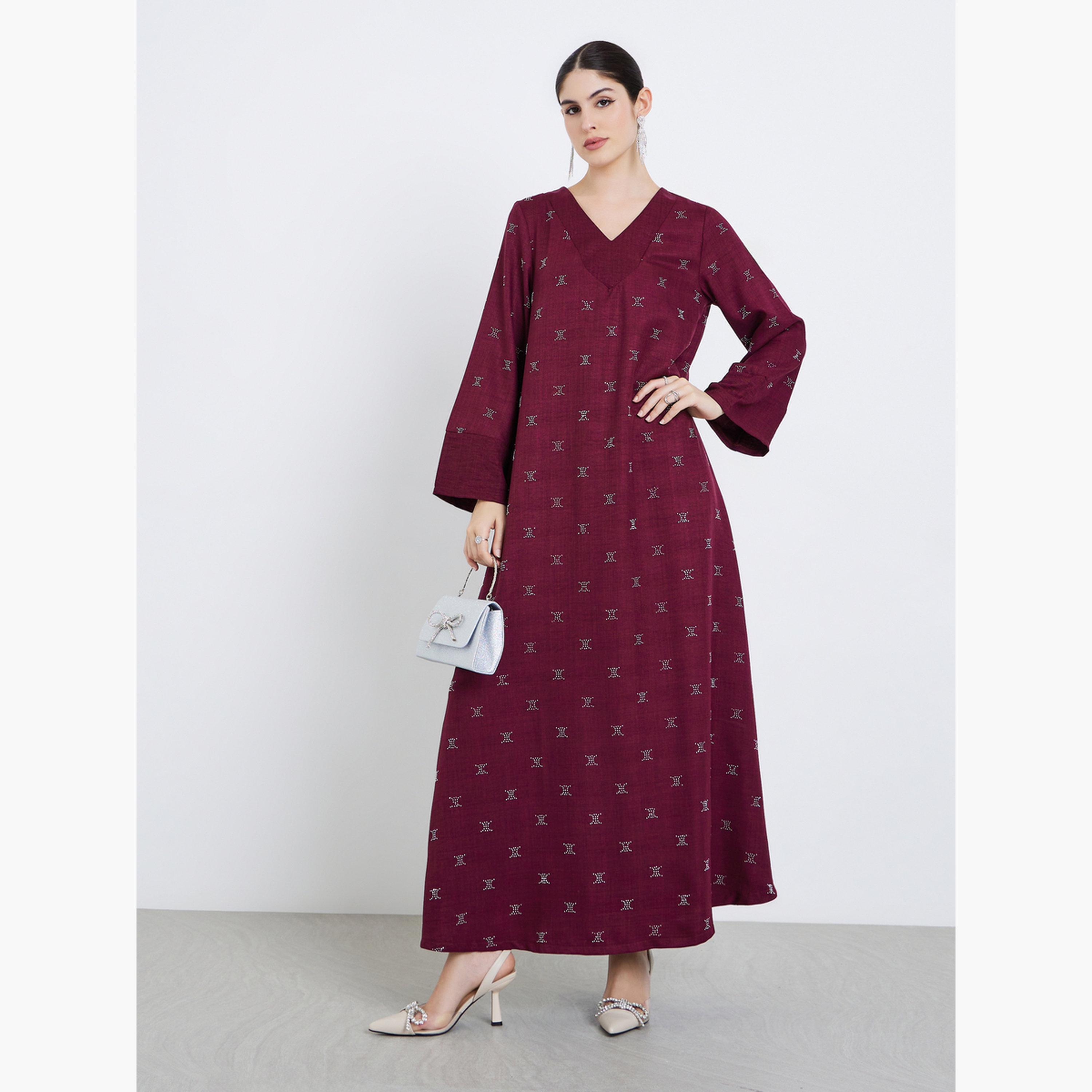 Amirah X Styli Women Burgundy Foil Print A-Line Jalabiya-women-arabicclothing-jalabiyas-image-1