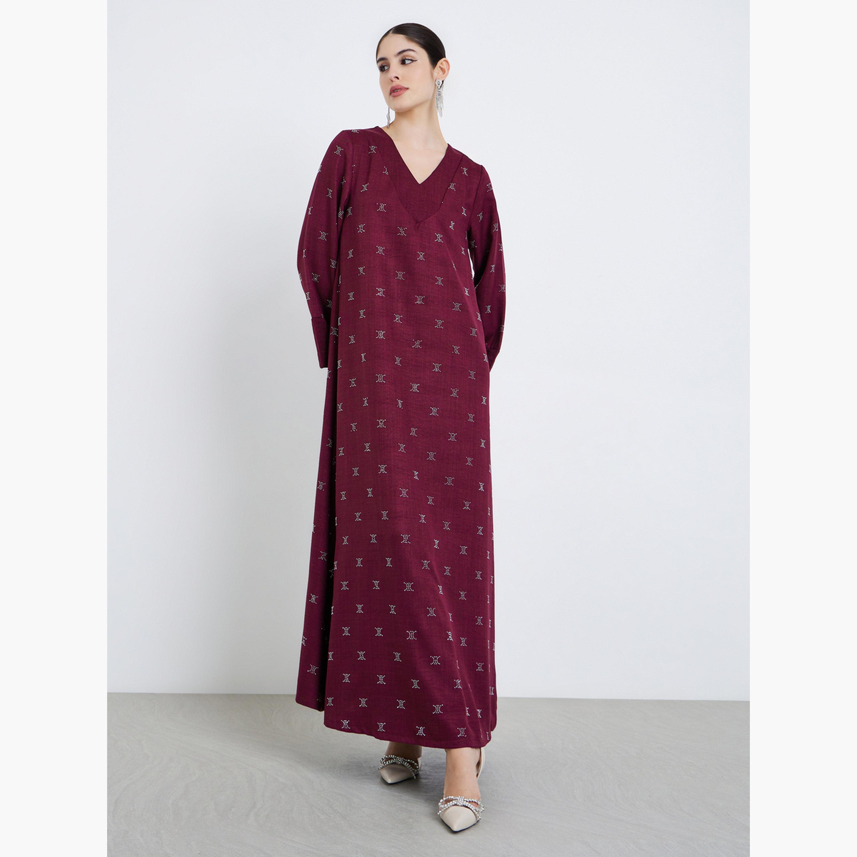 Amirah X Styli Women Burgundy Foil Print A-Line Jalabiya-women-arabicclothing-jalabiyas-image-2