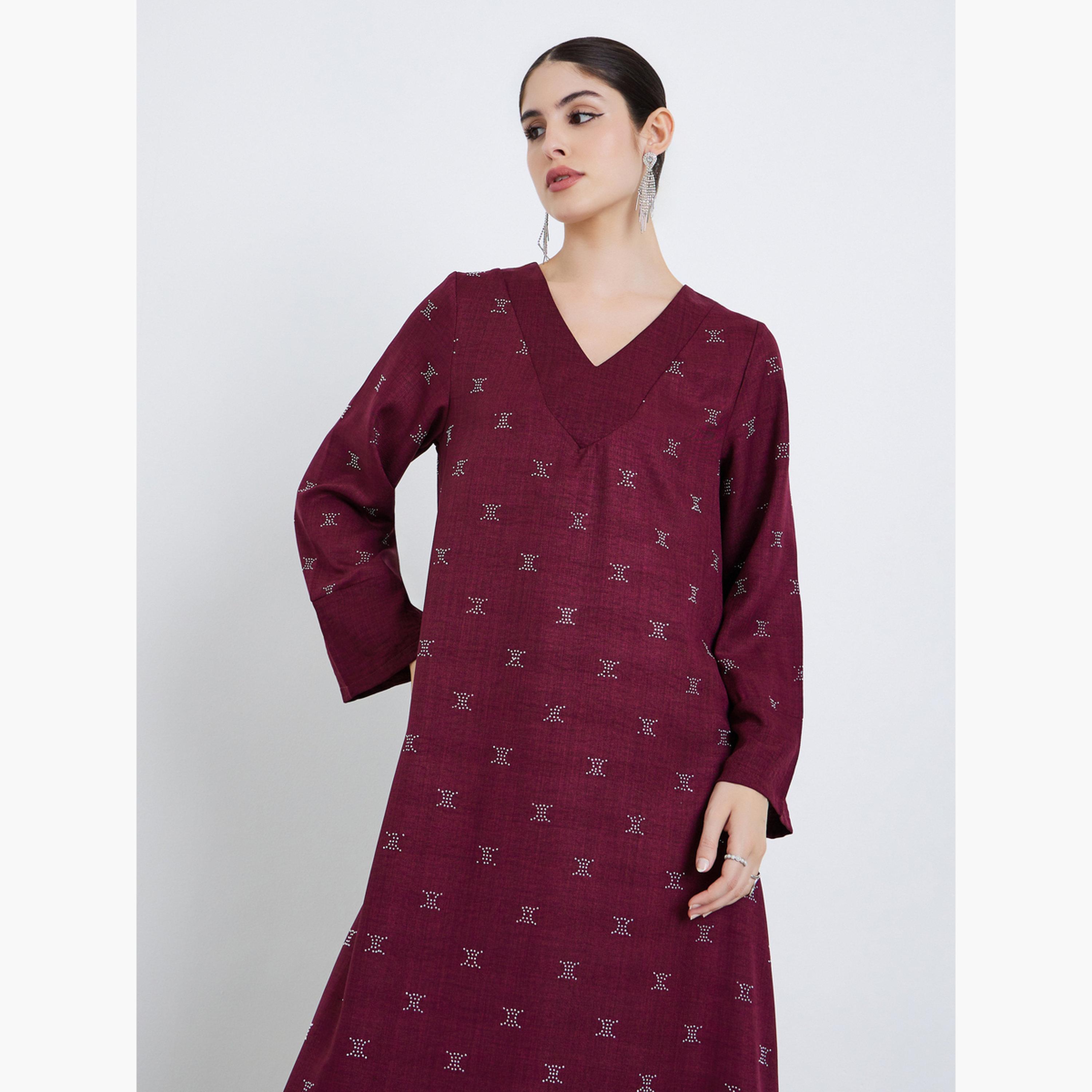 Amirah X Styli Women Burgundy Foil Print A-Line Jalabiya-women-arabicclothing-jalabiyas-image-3