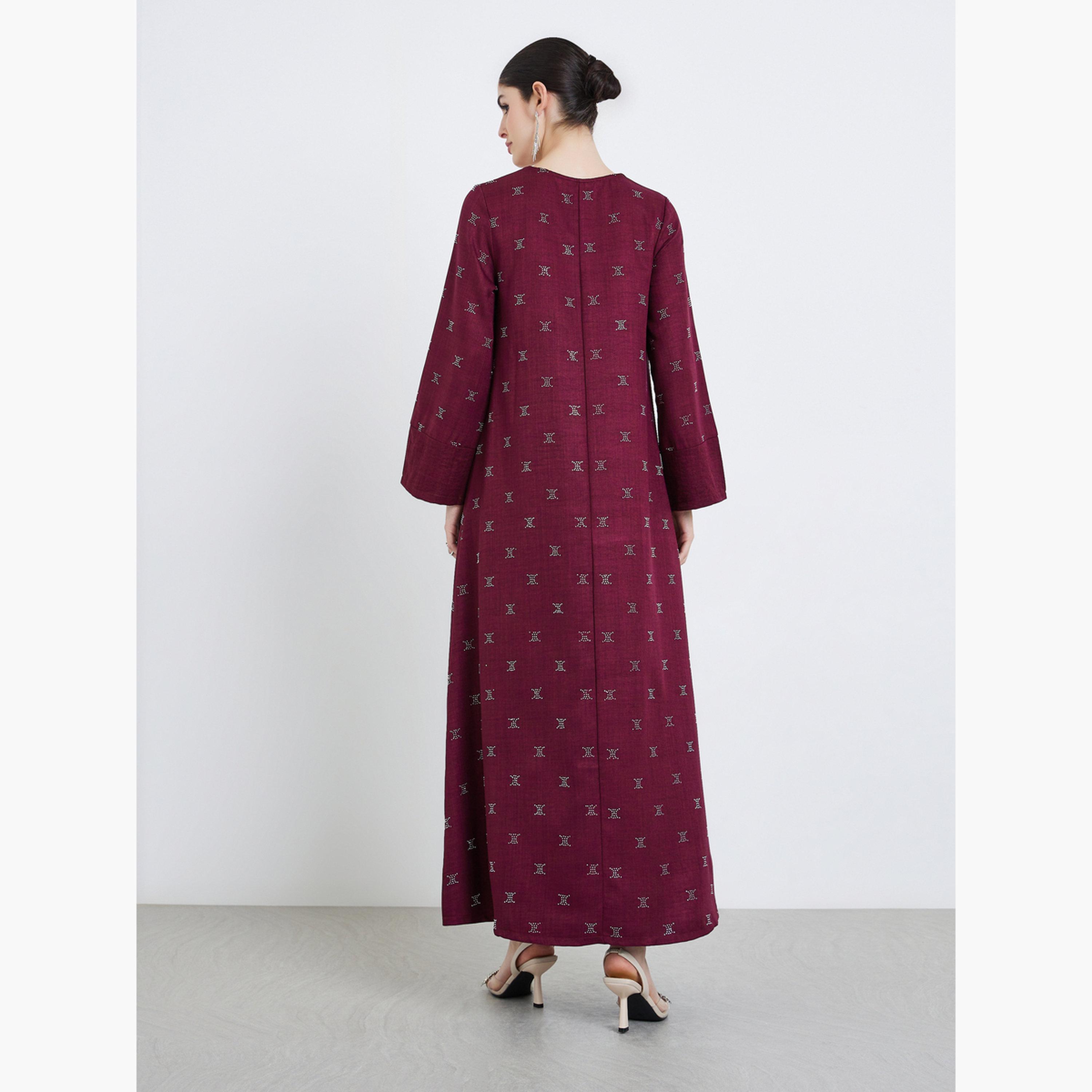 Amirah X Styli Women Burgundy Foil Print A-Line Jalabiya-women-arabicclothing-jalabiyas-image-5