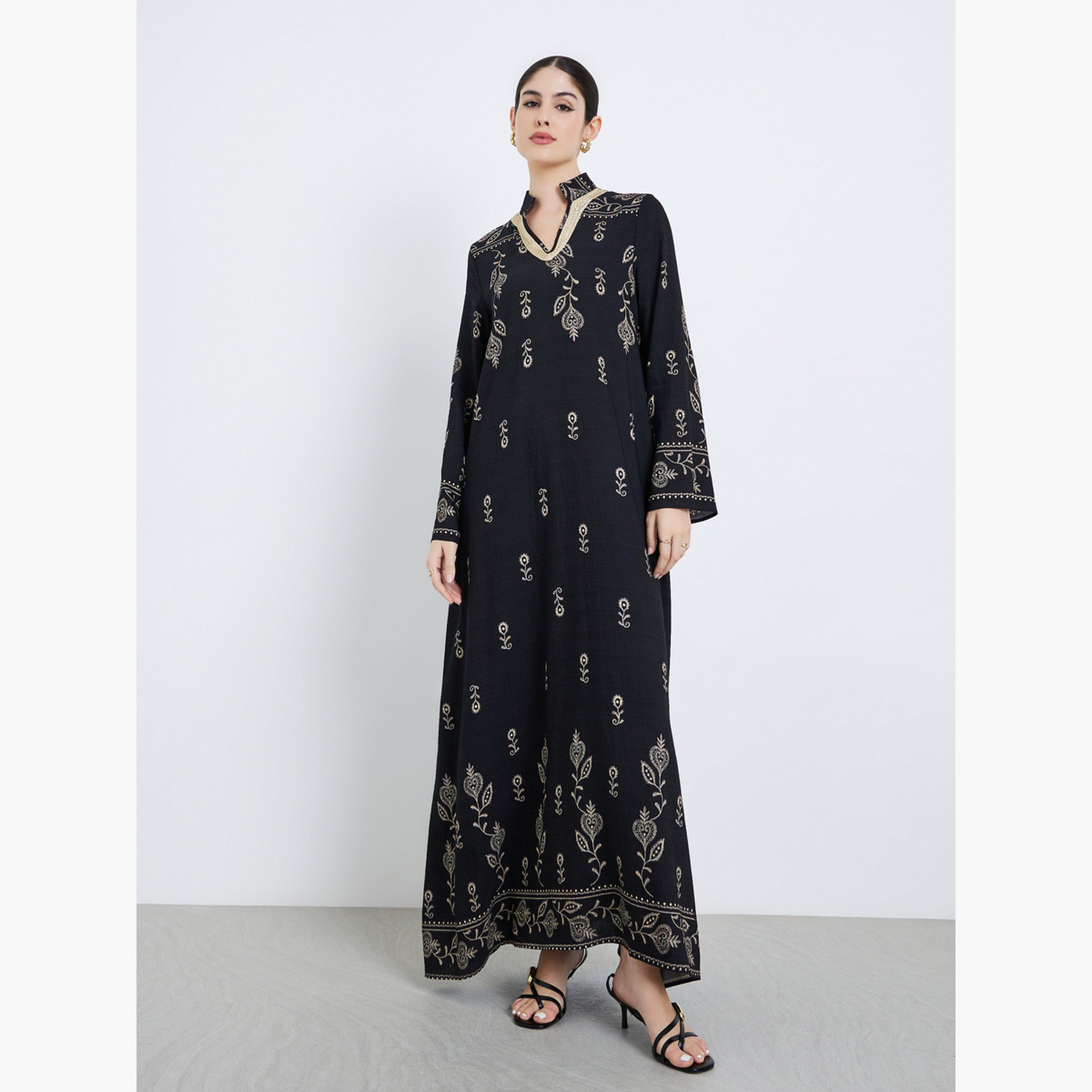أميرة x ستايلي جلابية بياقة قائمة مطرزة بذهبي-women-arabicclothing-jalabiyas-image-2