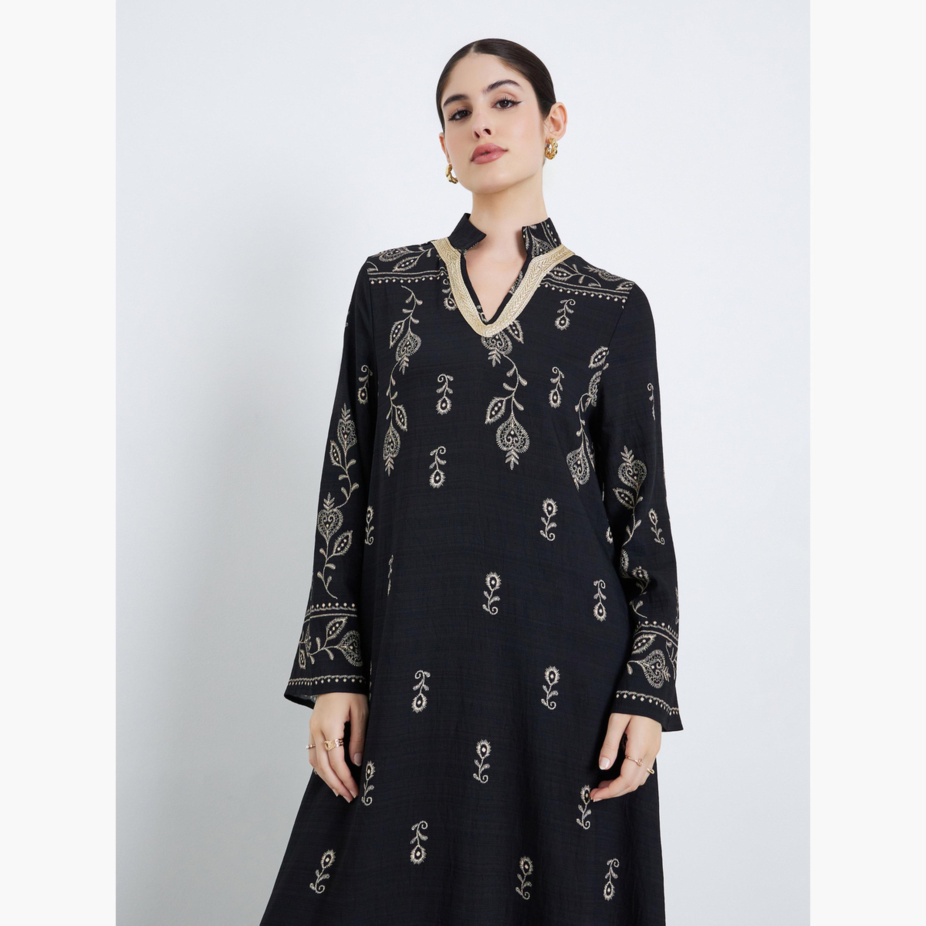 أميرة x ستايلي جلابية بياقة قائمة مطرزة بذهبي-women-arabicclothing-jalabiyas-image-3