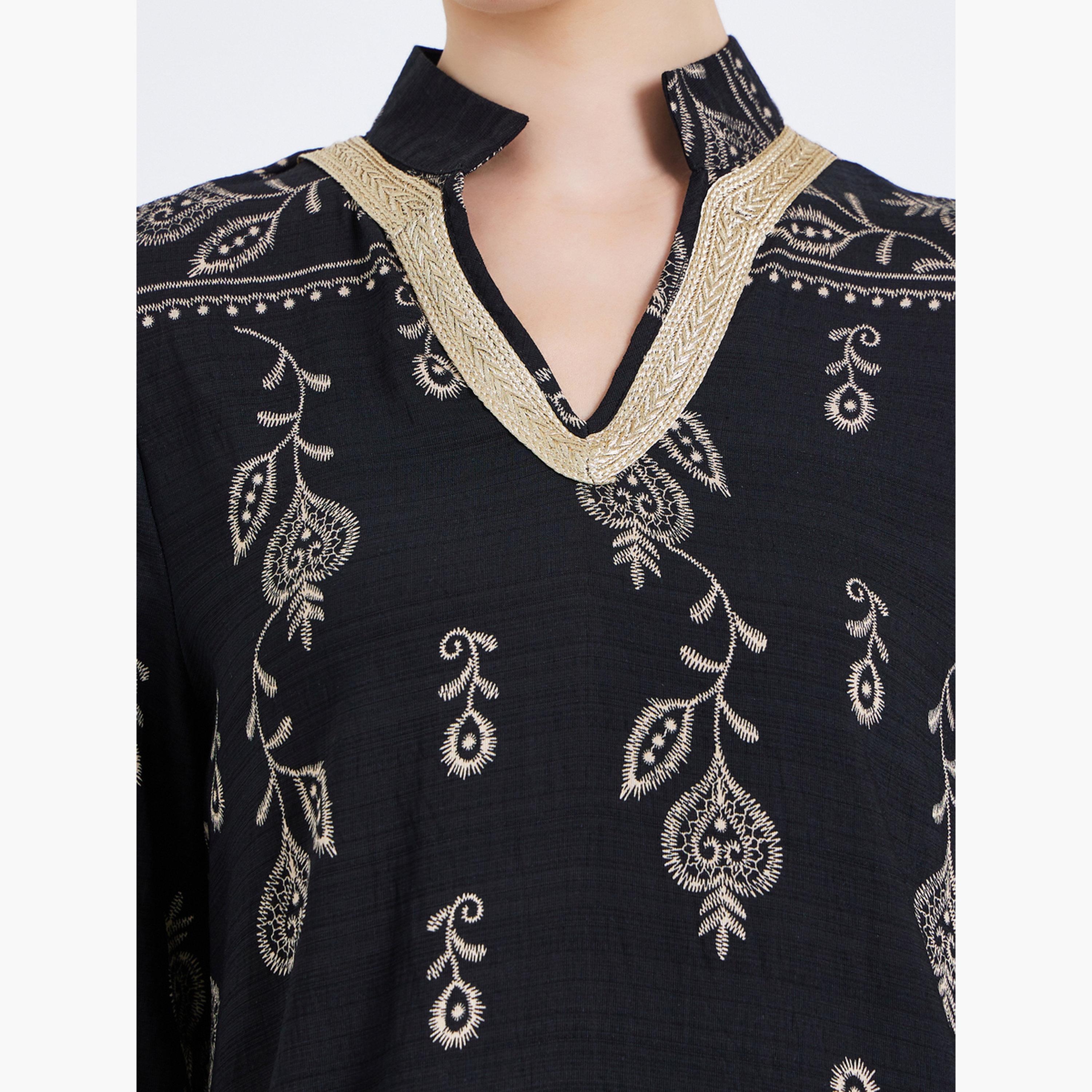 أميرة x ستايلي جلابية بياقة قائمة مطرزة بذهبي-women-arabicclothing-jalabiyas-image-4