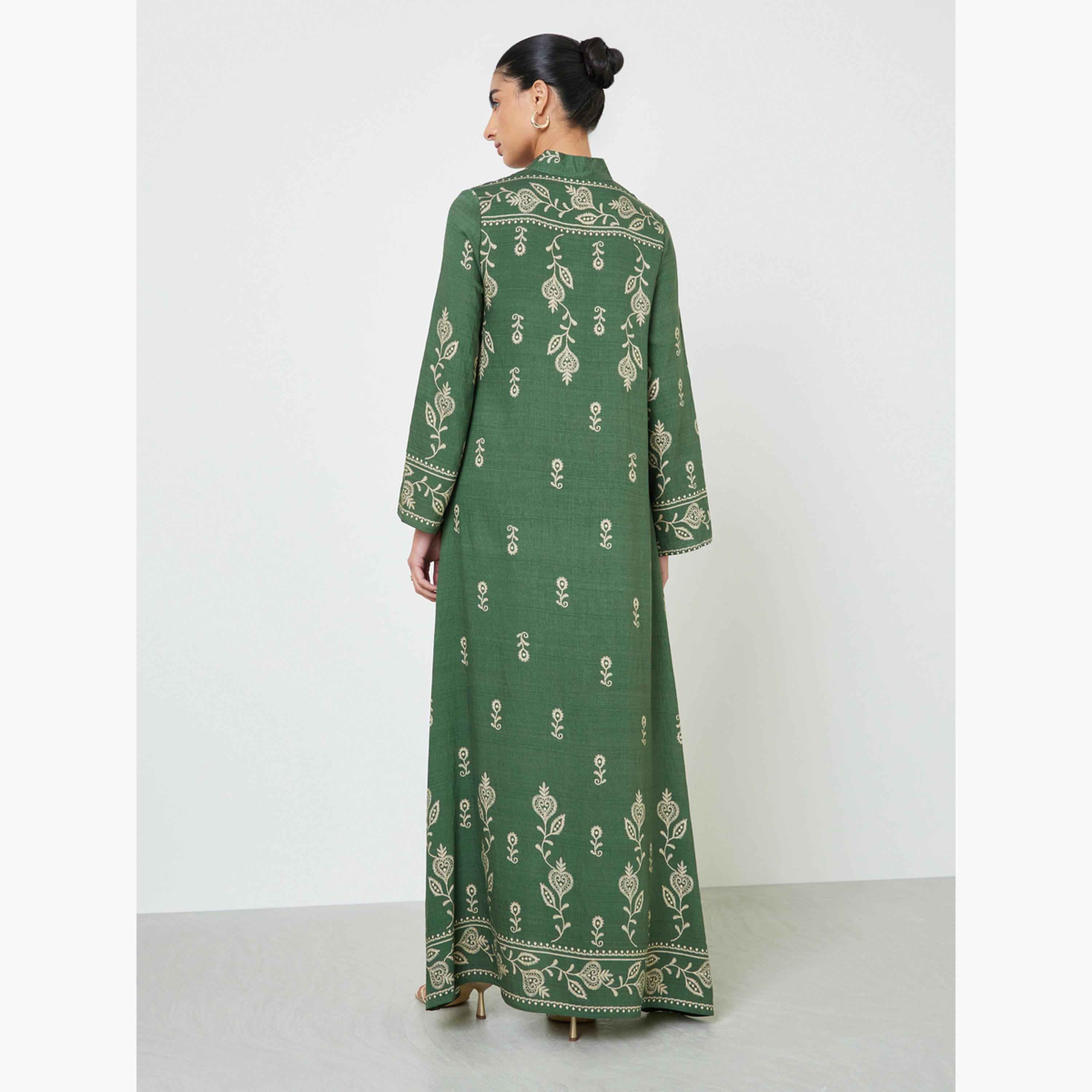 Amirah X Styli Green Embroidered Stand Collar Jalabiya-women-arabicclothing-jalabiyas-image-4