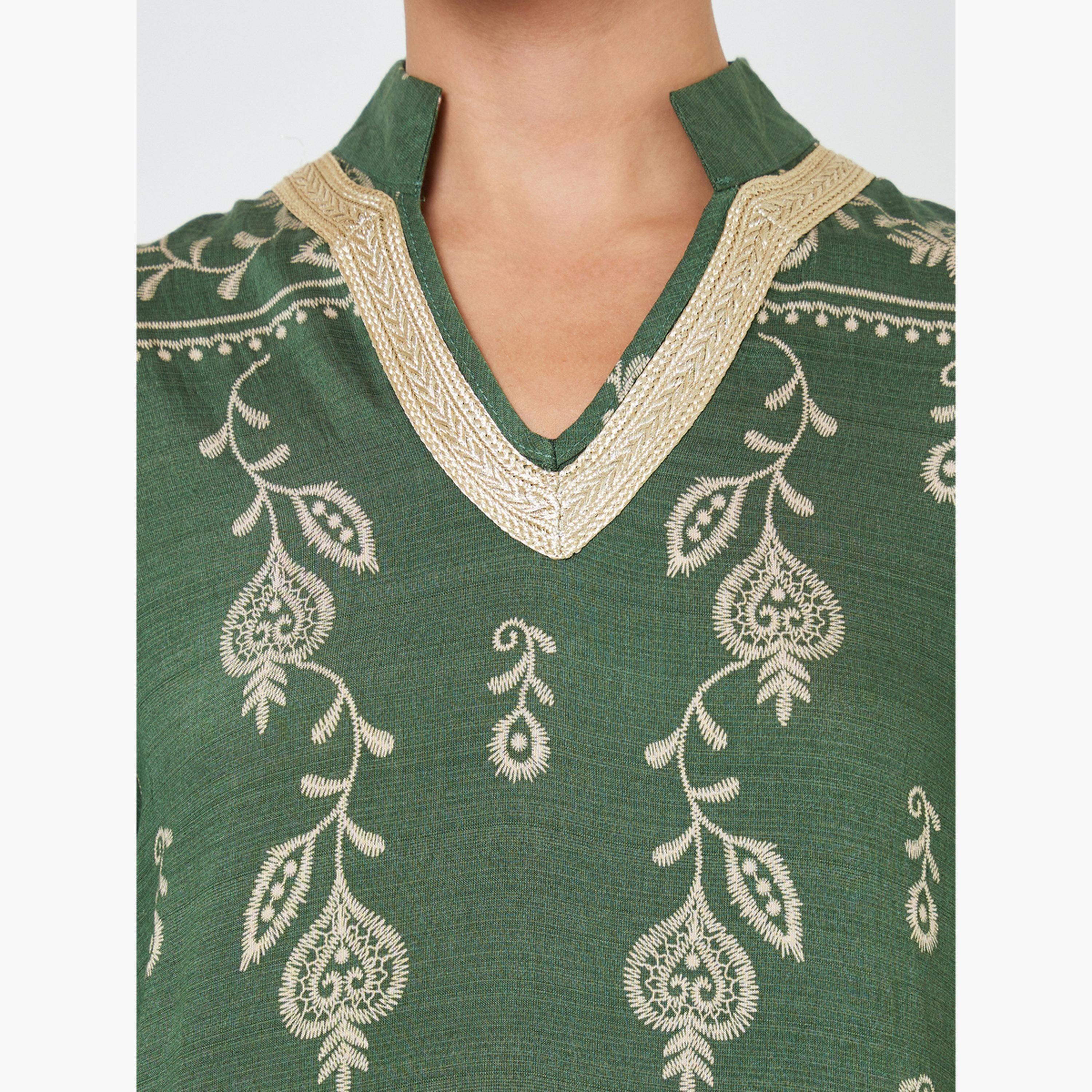 Amirah X Styli Green Embroidered Stand Collar Jalabiya-women-arabicclothing-jalabiyas-image-5