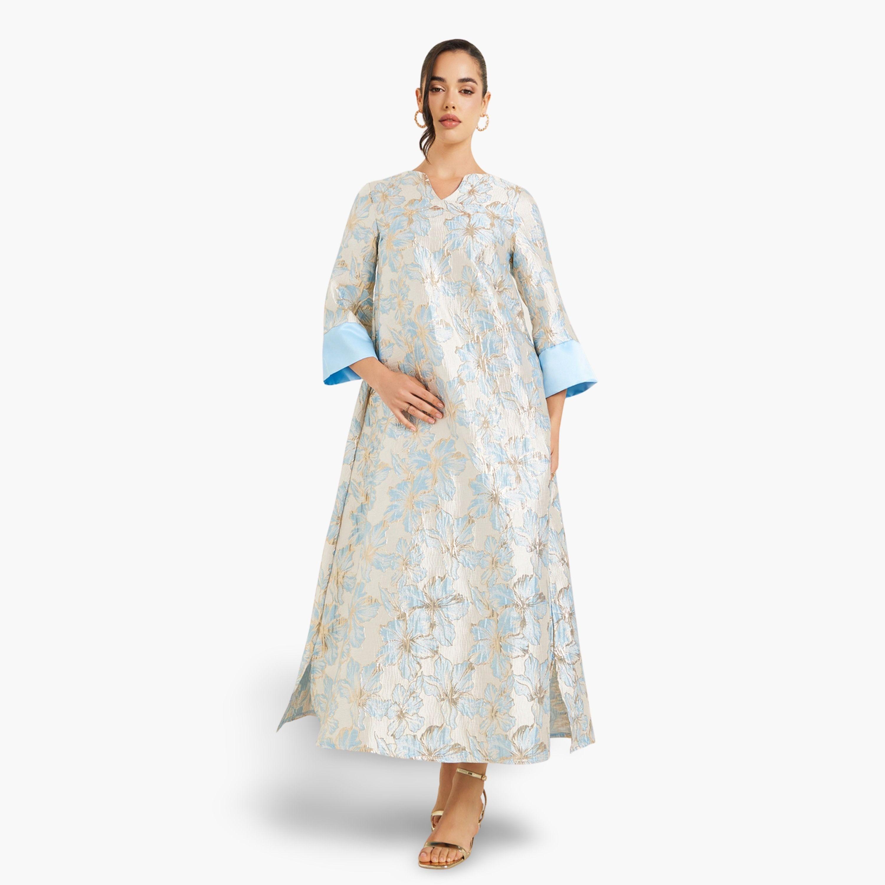 جلابية بحافة واسعة جاكار أزهار-women-arabicclothing-jalabiyas-image-1