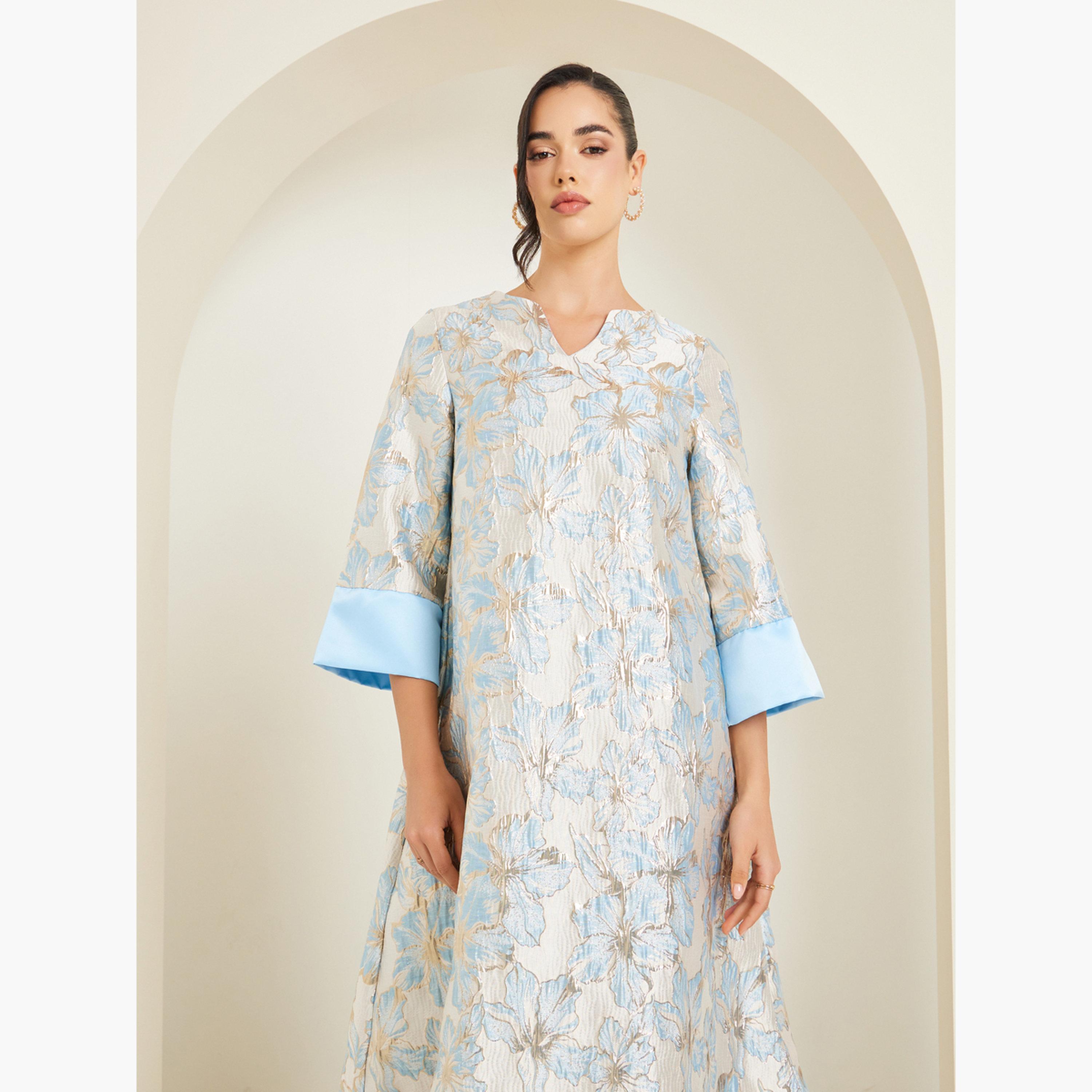 جلابية بحافة واسعة جاكار أزهار-women-arabicclothing-jalabiyas-image-2