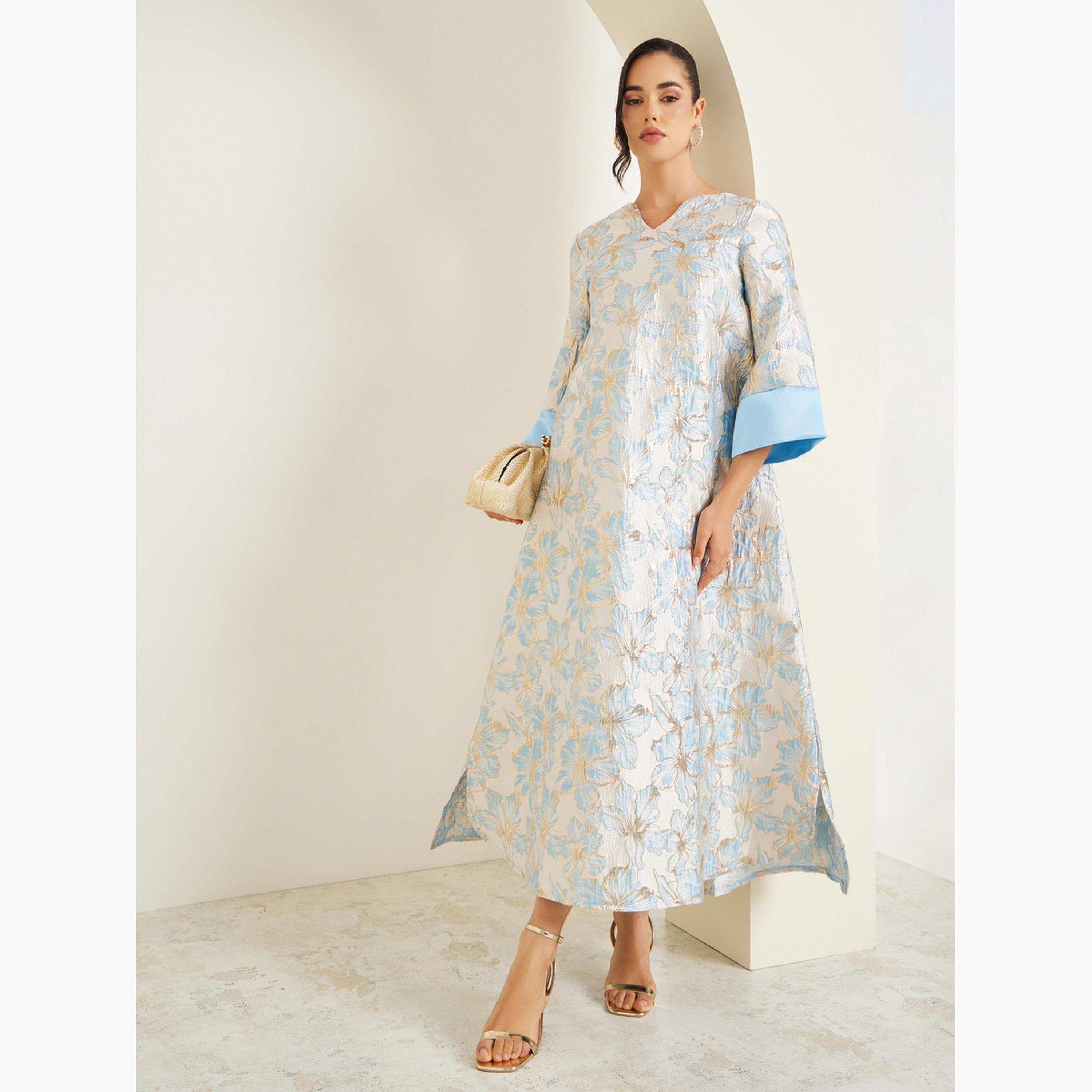 Styli Women Blue Floral Jacquard A-Line Jalabiya-women-arabicclothing-jalabiyas-image-3