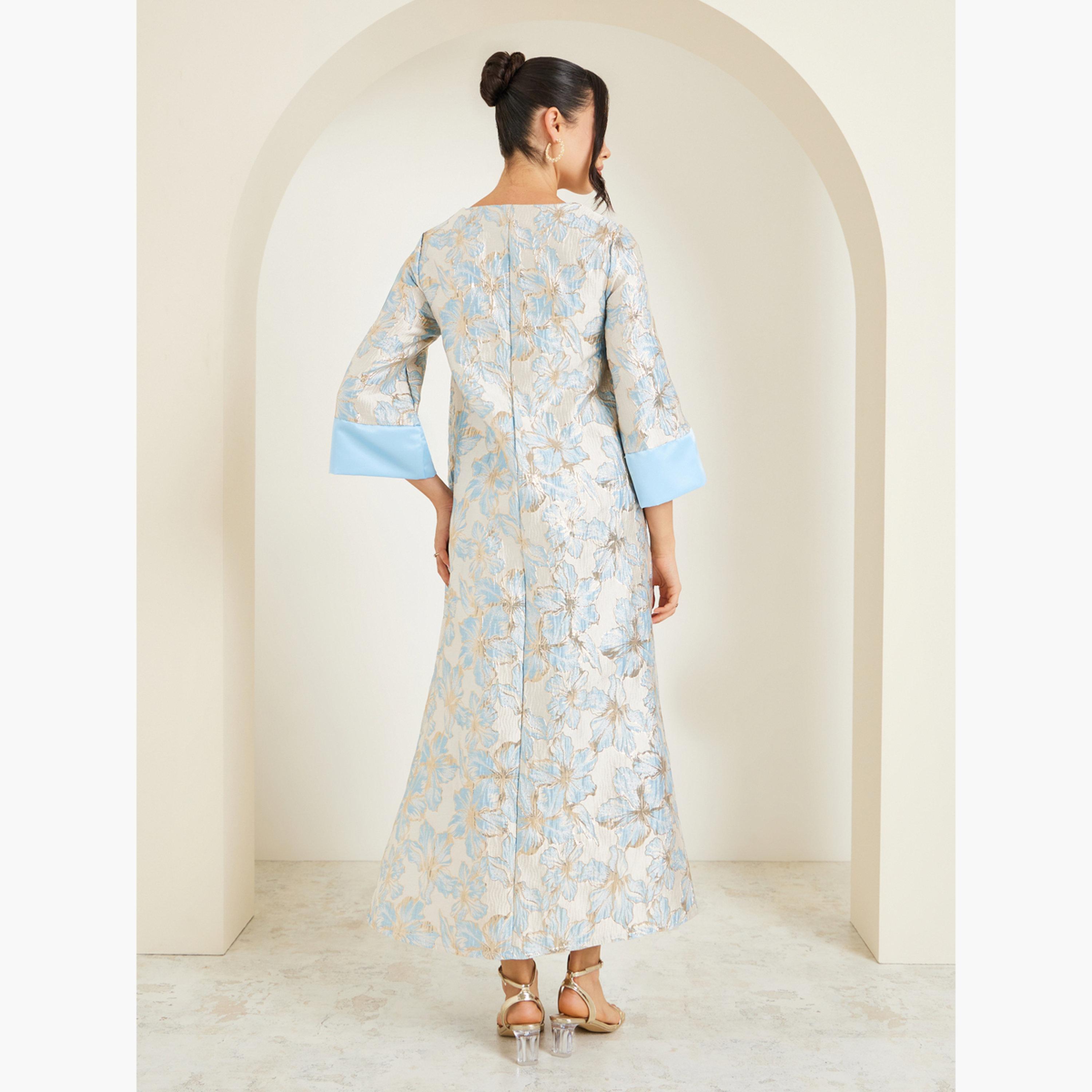 Styli Women Blue Floral Jacquard A-Line Jalabiya-women-arabicclothing-jalabiyas-image-5
