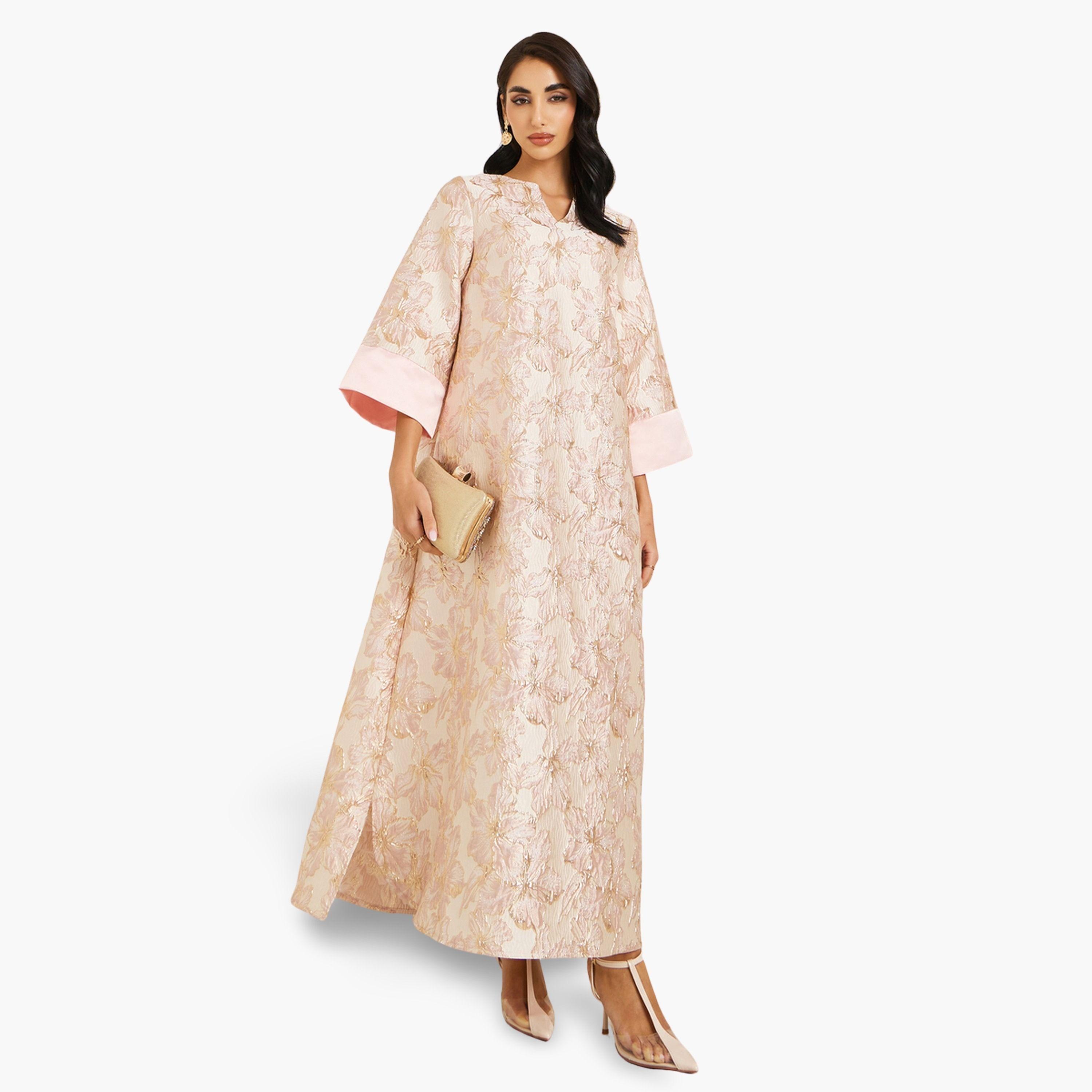 Styli Women Pink Floral Jacquard Maxi Jalabiya-women-arabicclothing-jalabiyas-image-1