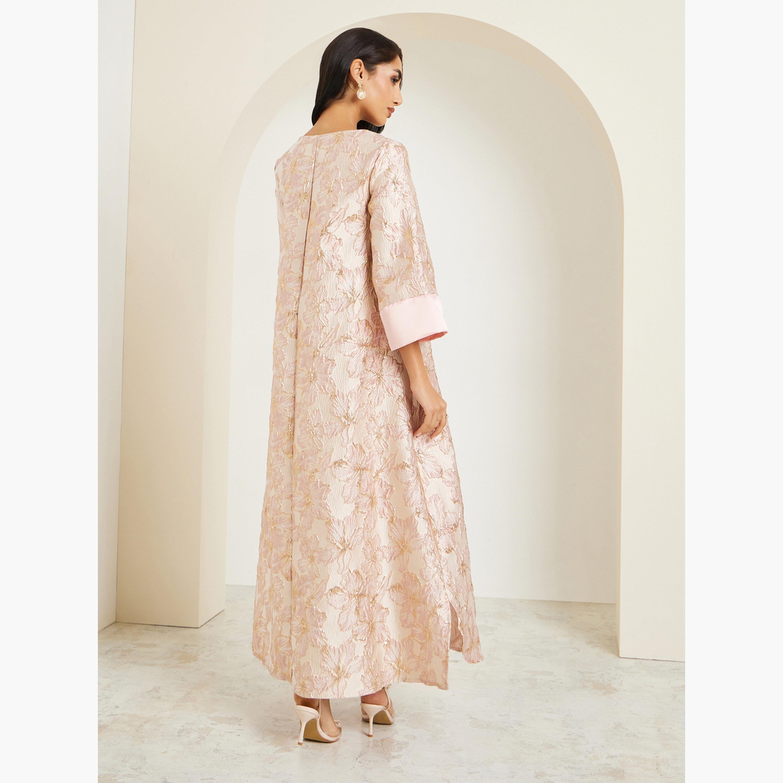 Styli Women Pink Floral Jacquard Maxi Jalabiya-women-arabicclothing-jalabiyas-image-5