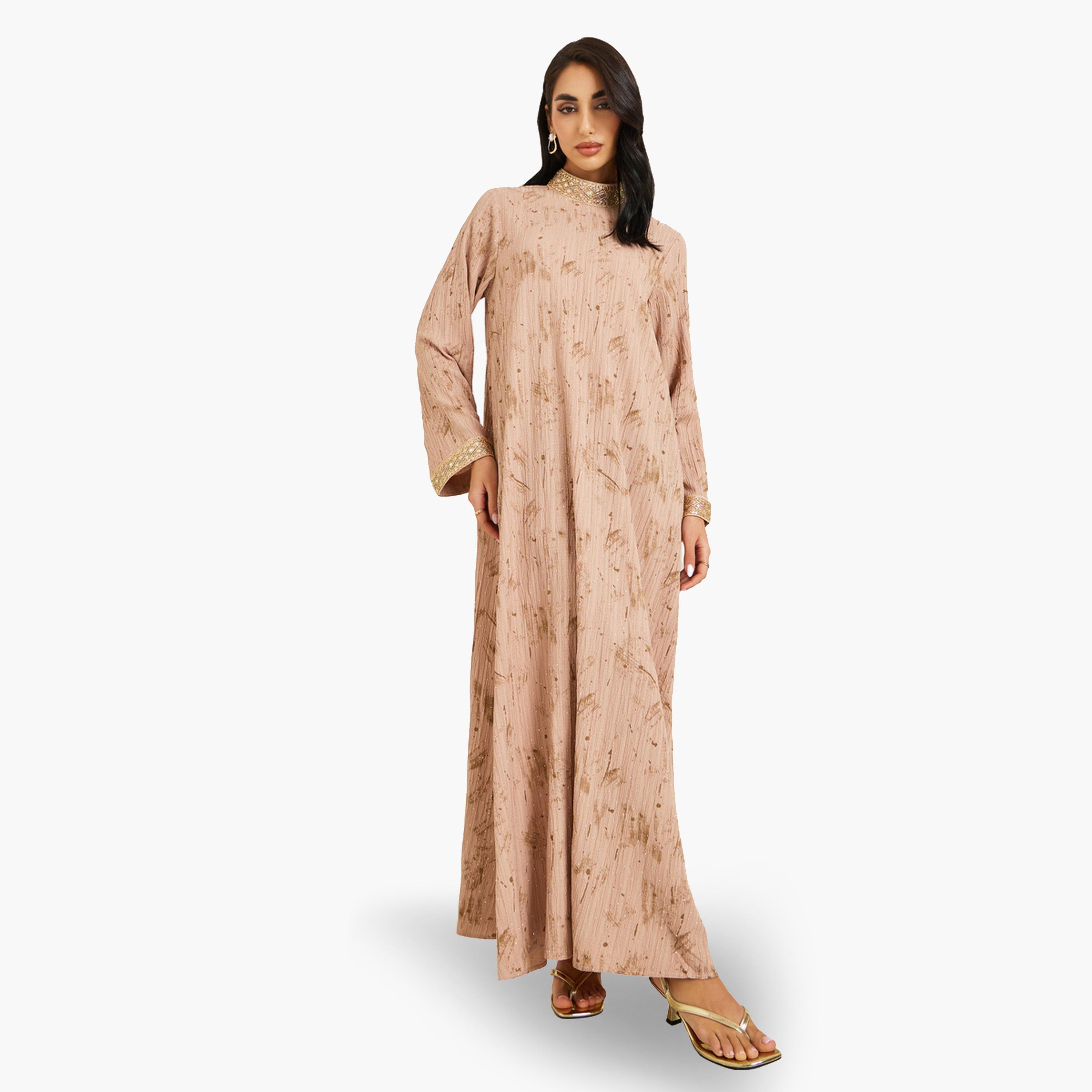 Amirah X Styli Women Beige Embellished Collar Jalabiya-women-arabicclothing-jalabiyas-image-1