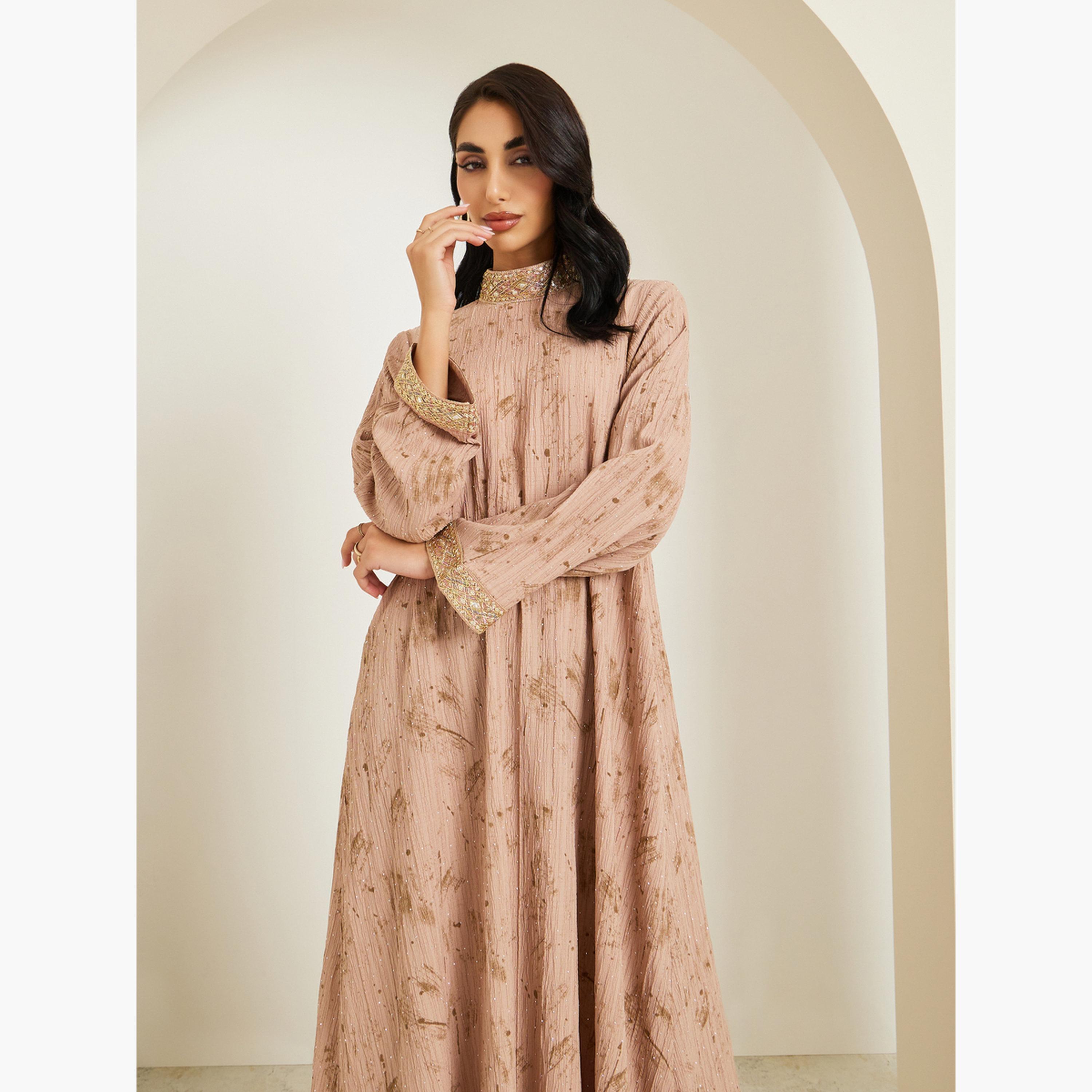 Amirah X Styli Women Beige Embellished Collar Jalabiya-women-arabicclothing-jalabiyas-image-2