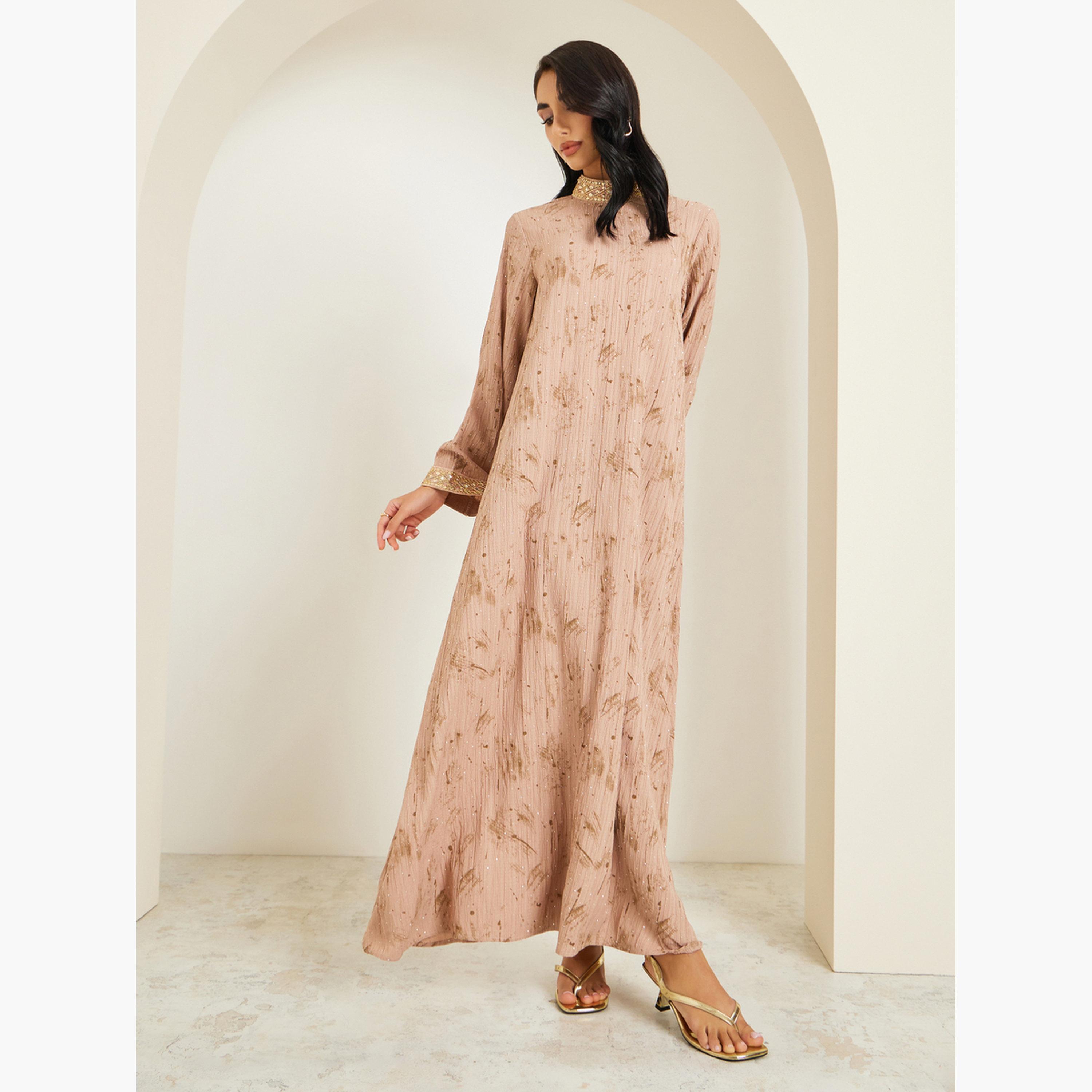 Amirah X Styli Women Beige Embellished Collar Jalabiya-women-arabicclothing-jalabiyas-image-3