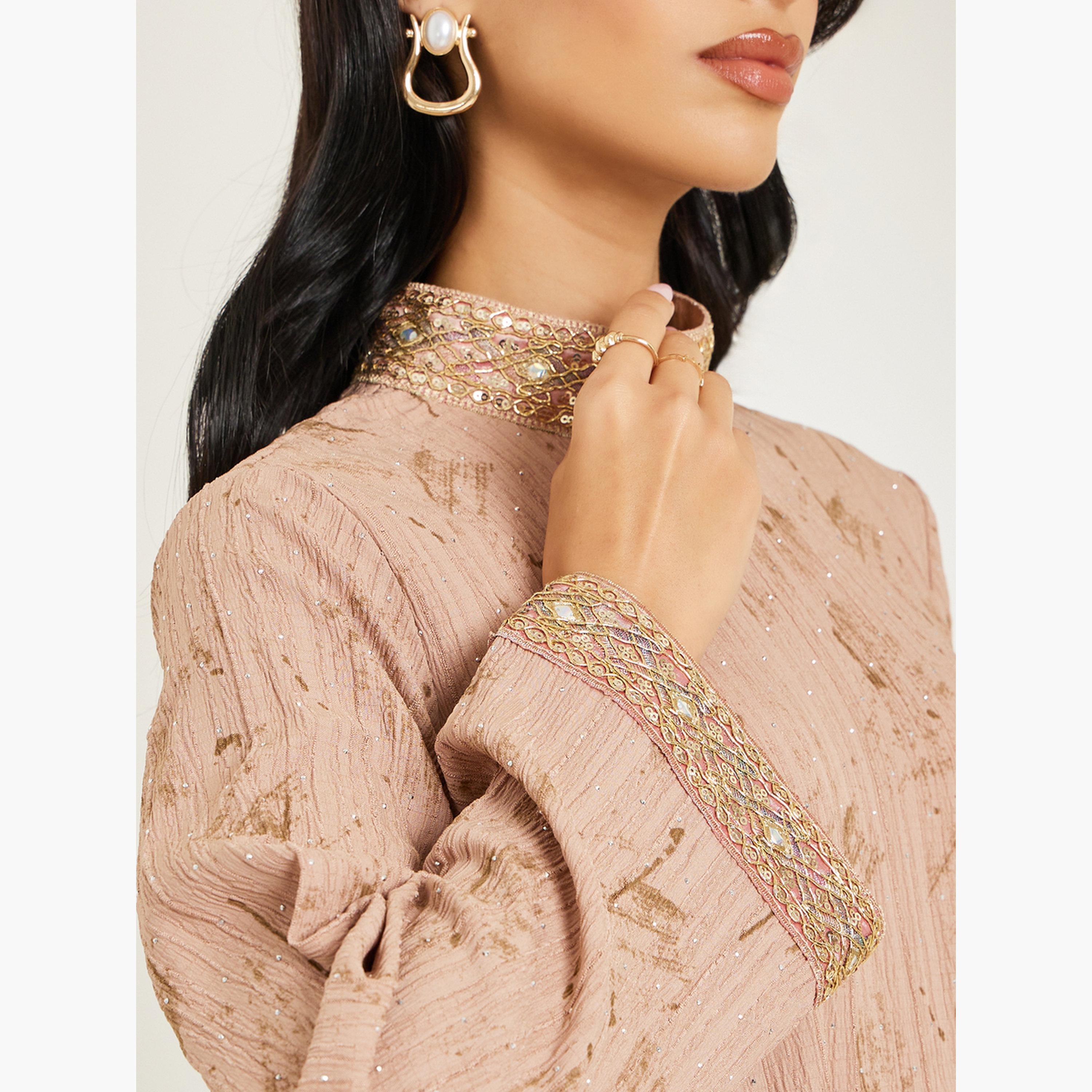 Amirah X Styli Women Beige Embellished Collar Jalabiya-women-arabicclothing-jalabiyas-image-4